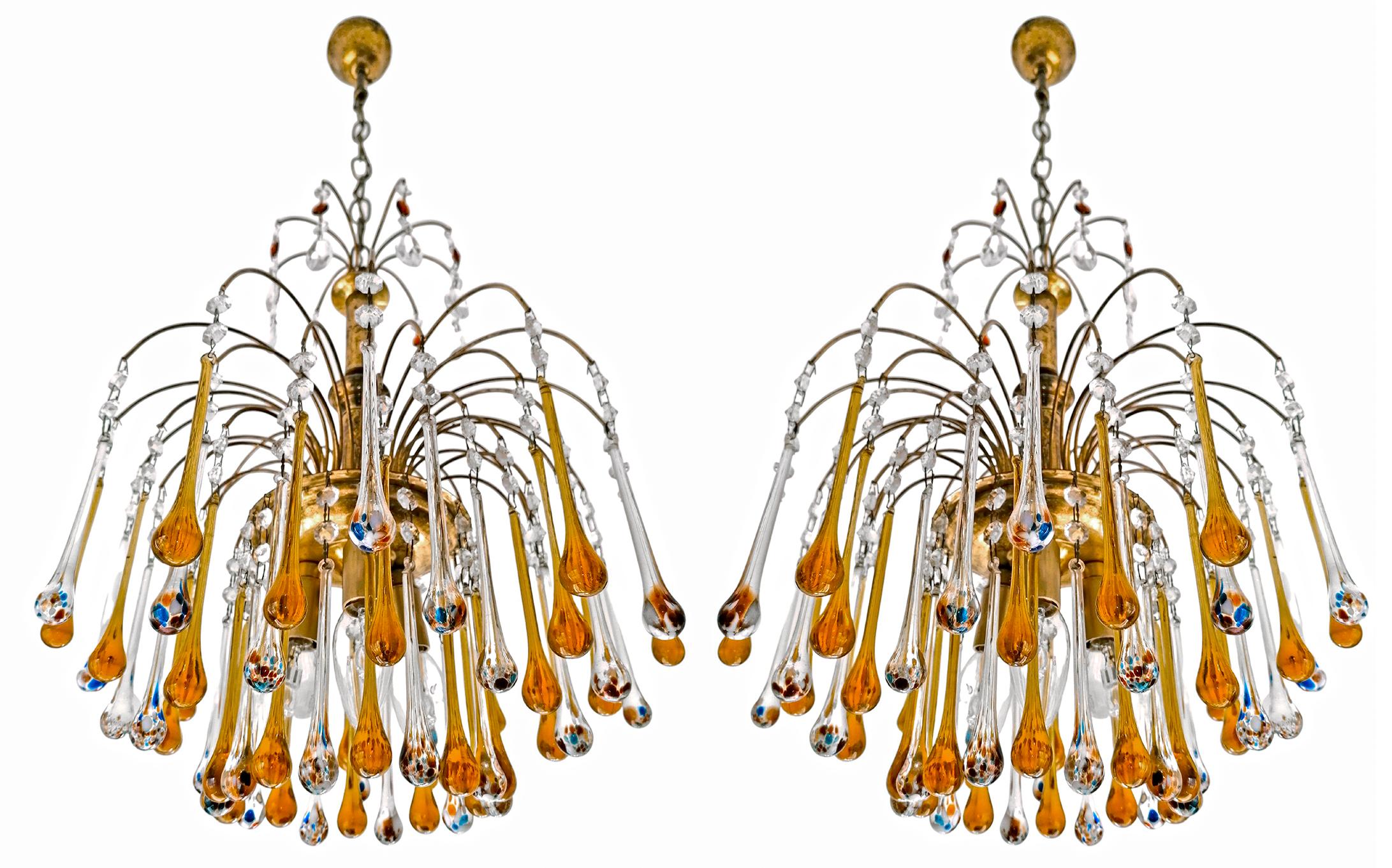 Mid-Century Modern Pair of Italian Amber & Polychrome Murano Crystal Teardrop Waterfall Chandeliers For Sale