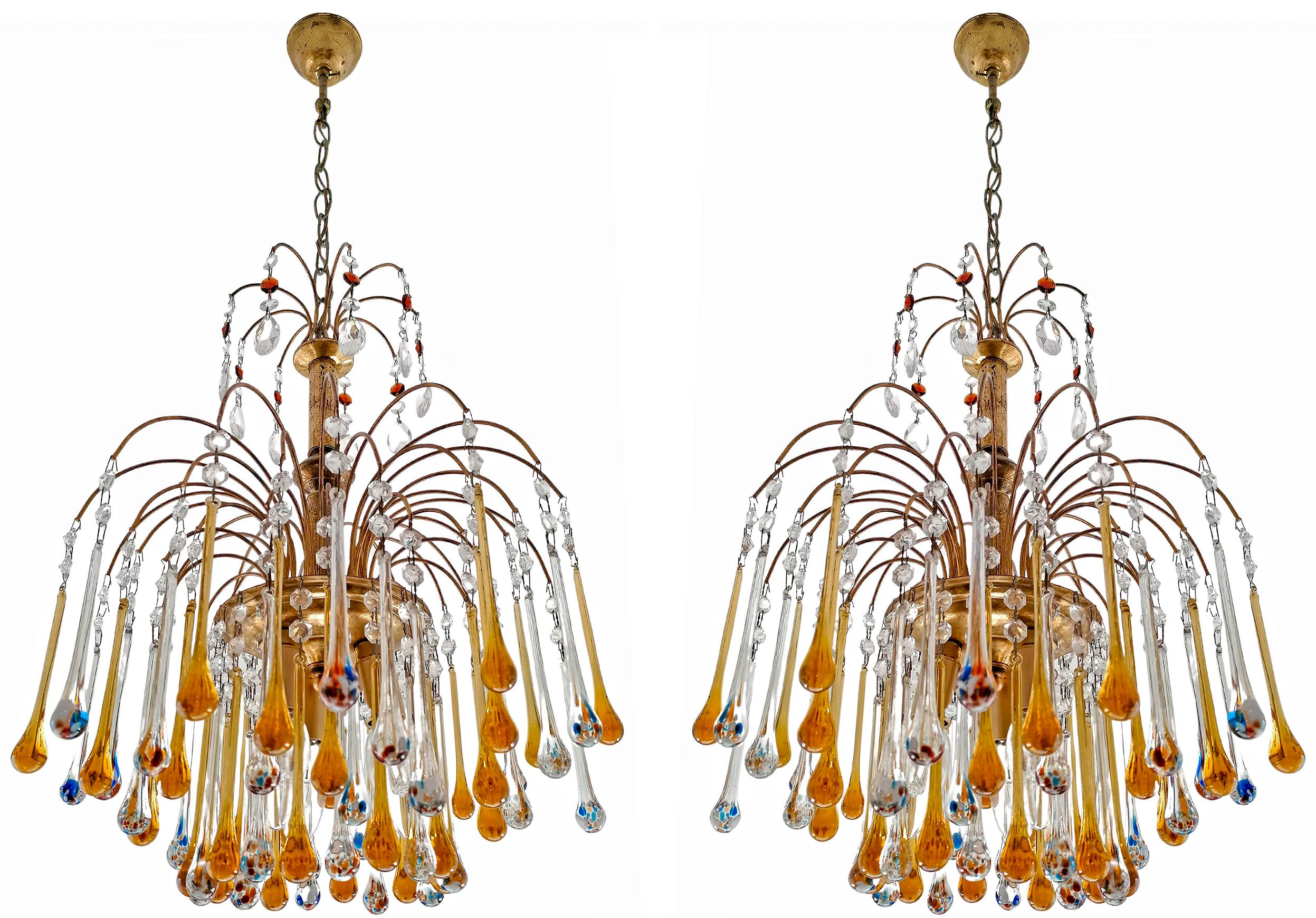 Pair of Italian Amber & Polychrome Murano Crystal Teardrop Waterfall Chandeliers In Good Condition For Sale In Coimbra, PT