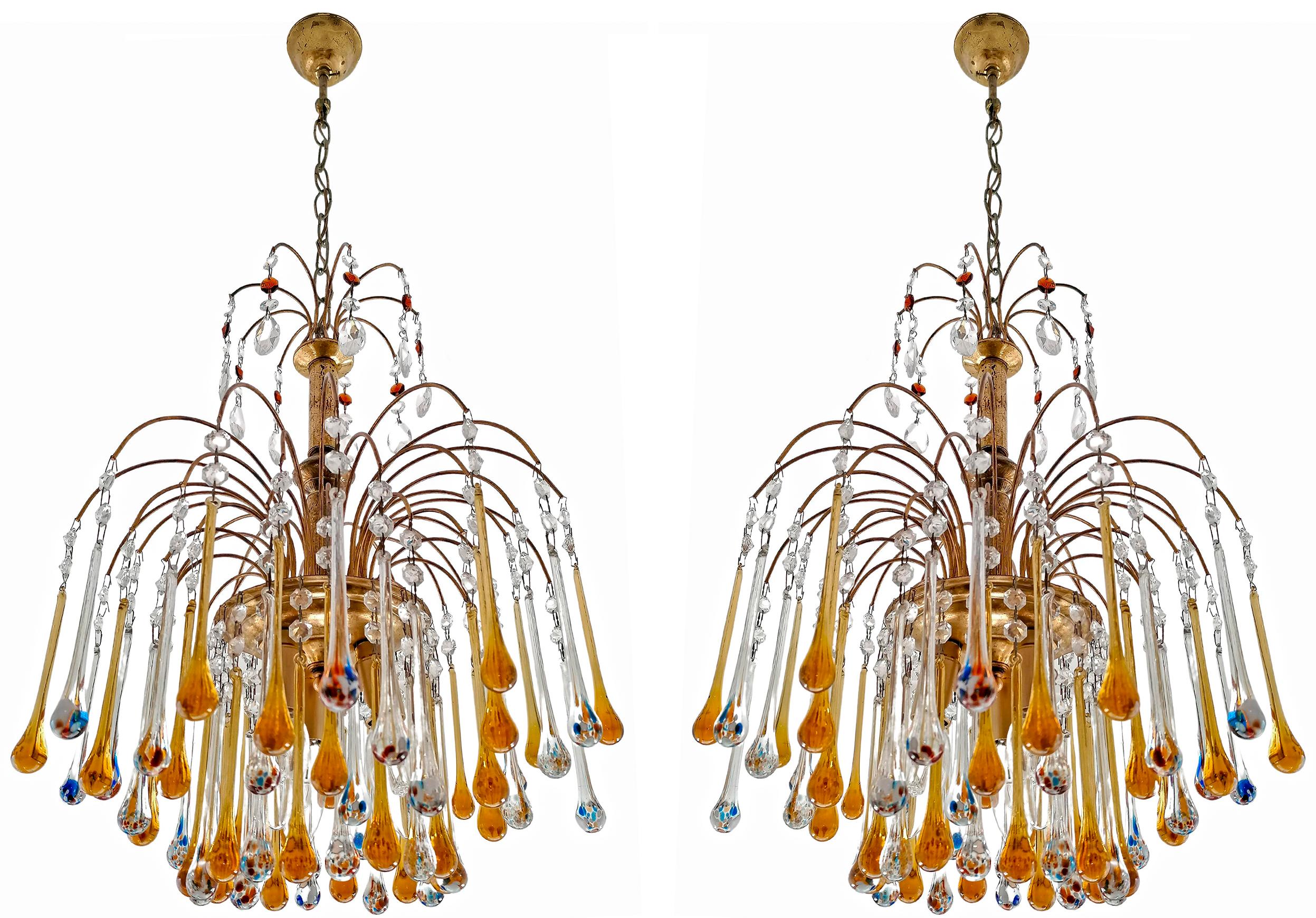 Mid-Century Modern Pair of Italian Amber & Polychrome Murano Crystal Teardrop Waterfall Chandeliers