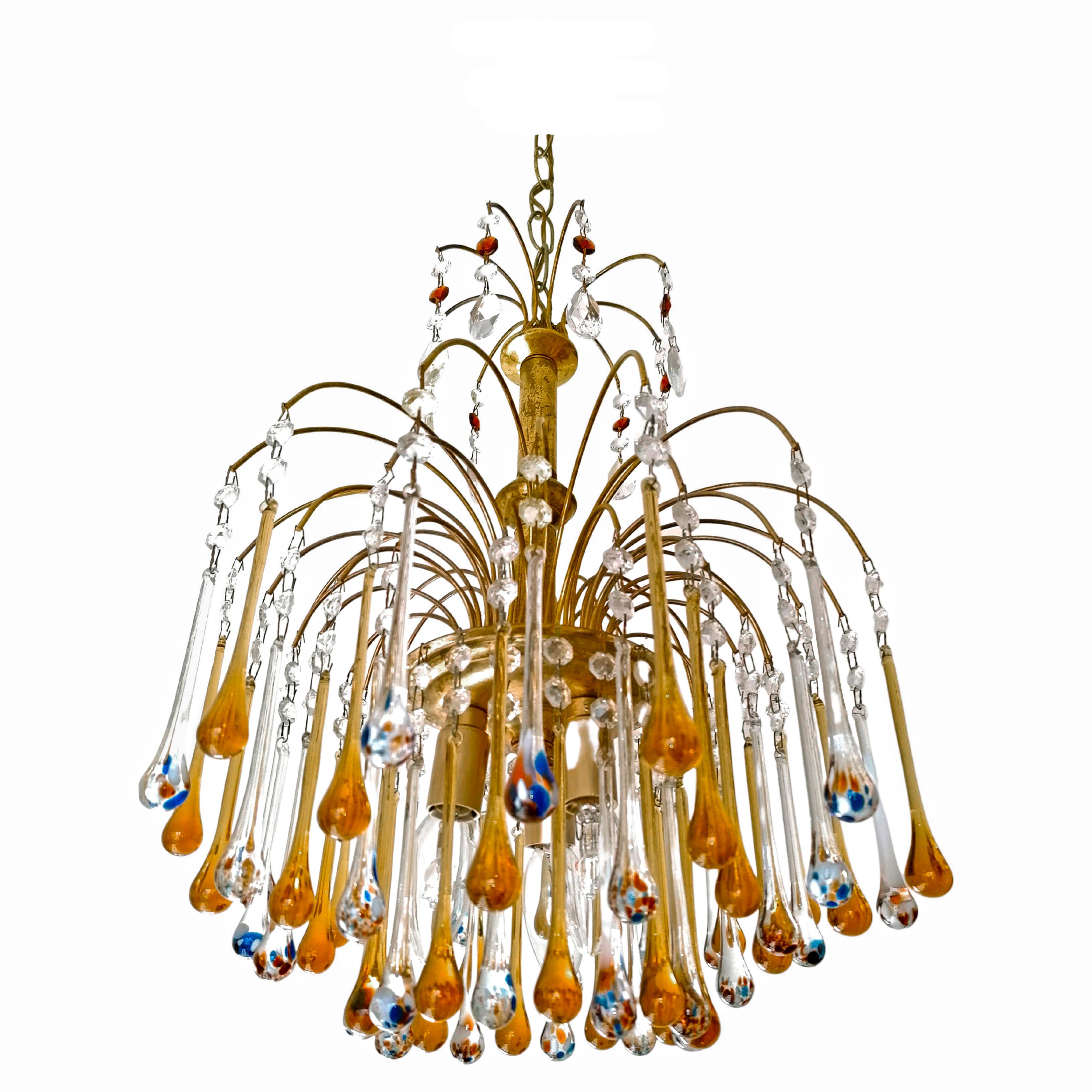 Metal Pair of Italian Amber & Polychrome Murano Crystal Teardrop Waterfall Chandeliers For Sale