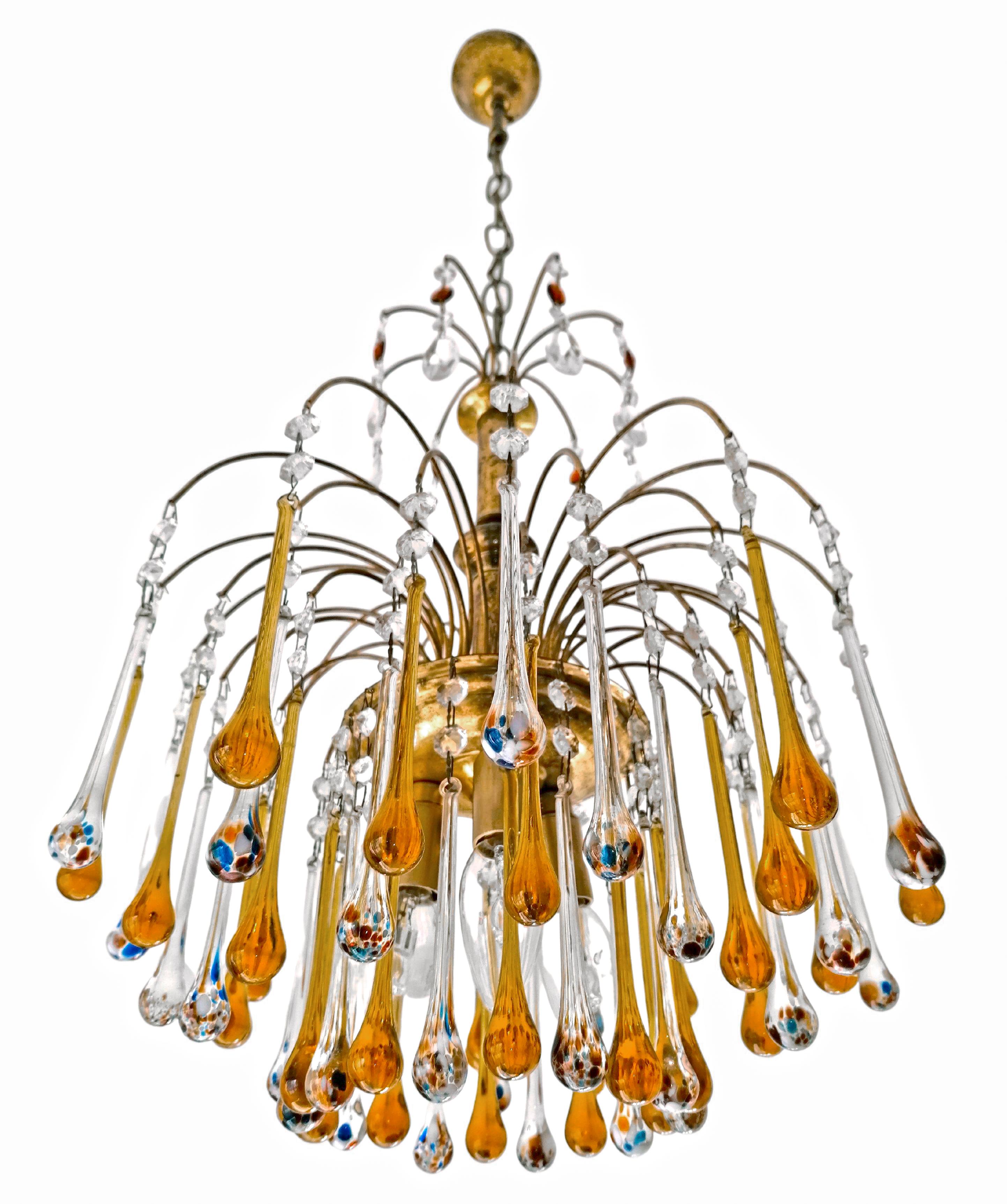 20th Century Pair of Italian Amber & Polychrome Murano Crystal Teardrop Waterfall Chandeliers