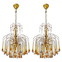 Pair of Italian Amber & Polychrome Murano Crystal Teardrop Waterfall Chandeliers