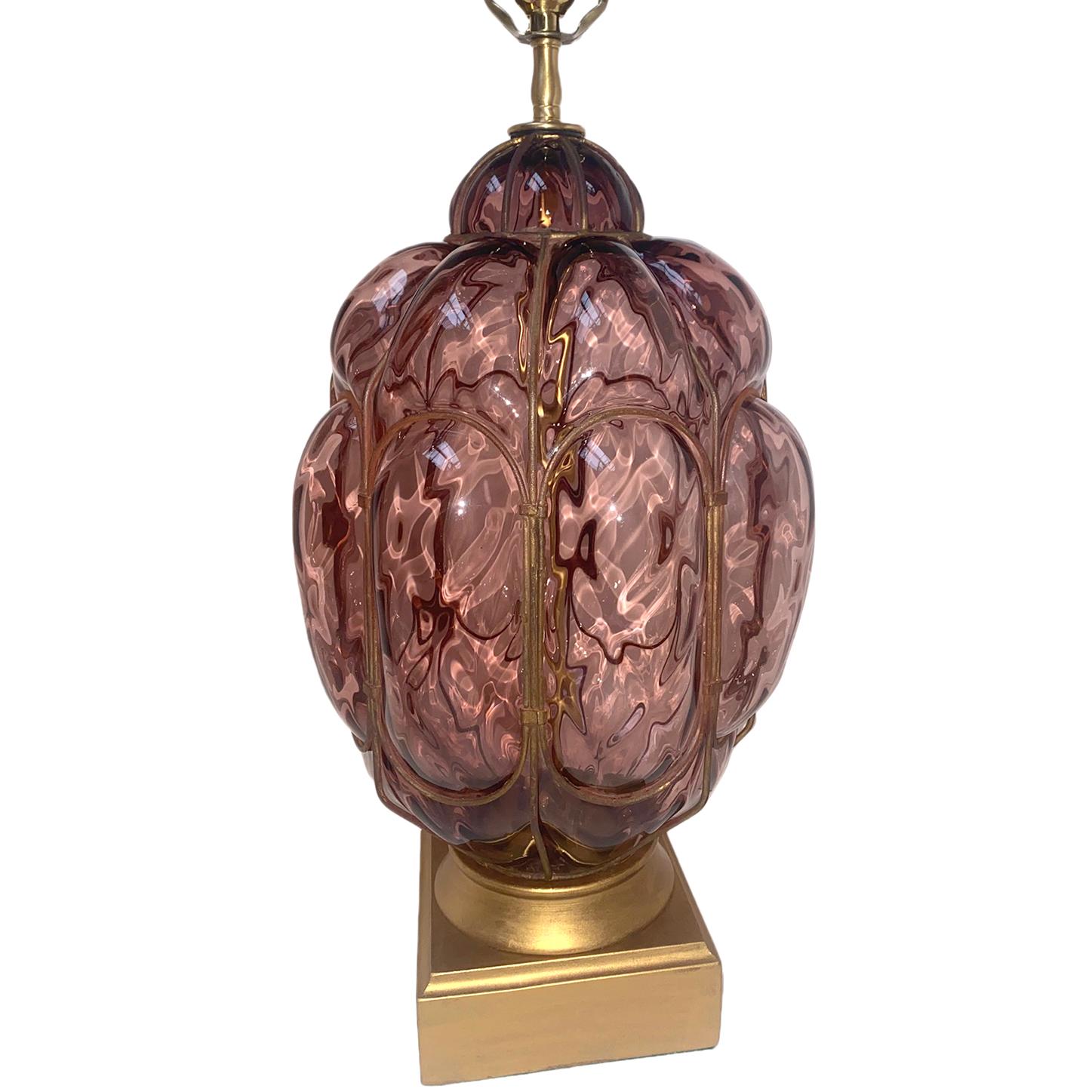 Gilt Pair of Italian Amethyst Glass Table Lamps