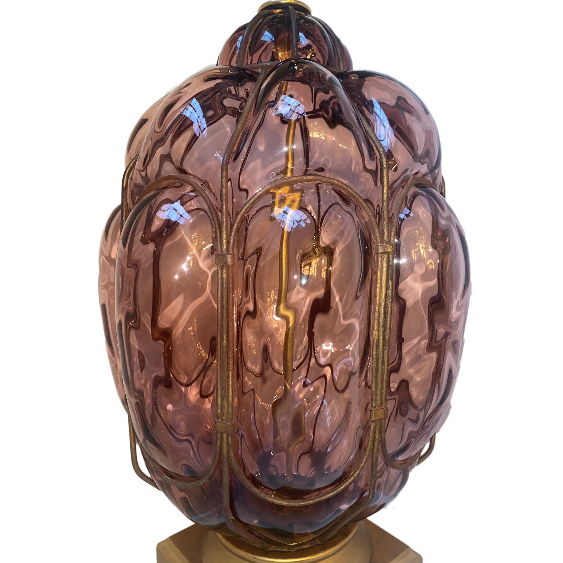 Pair of Italian Amethyst Glass Table Lamps In Good Condition In New York, NY