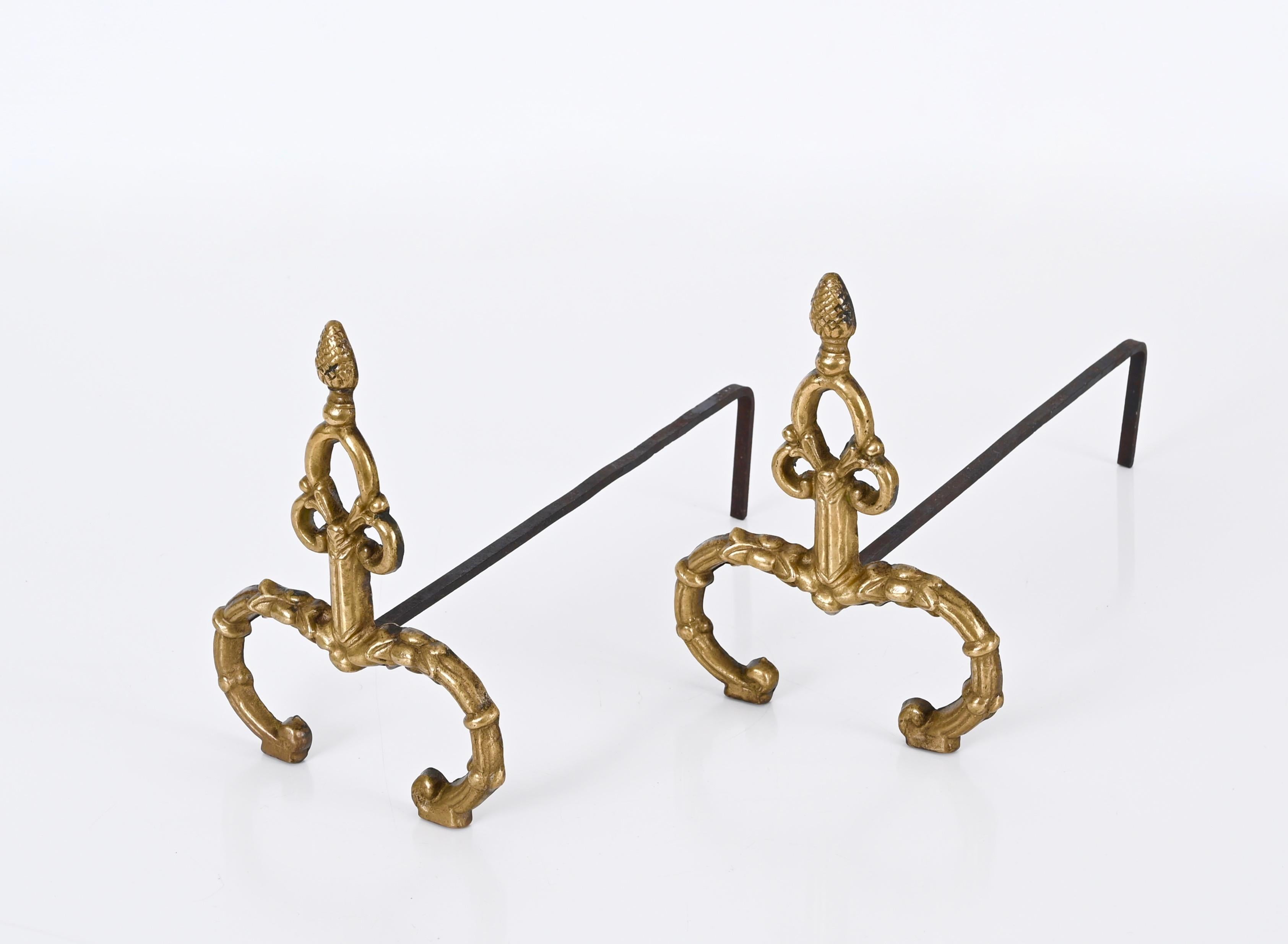 Pair of Italian Andirons in Gilt Bronze and Iron in Louis XV style, Italy 1940s For Sale 6