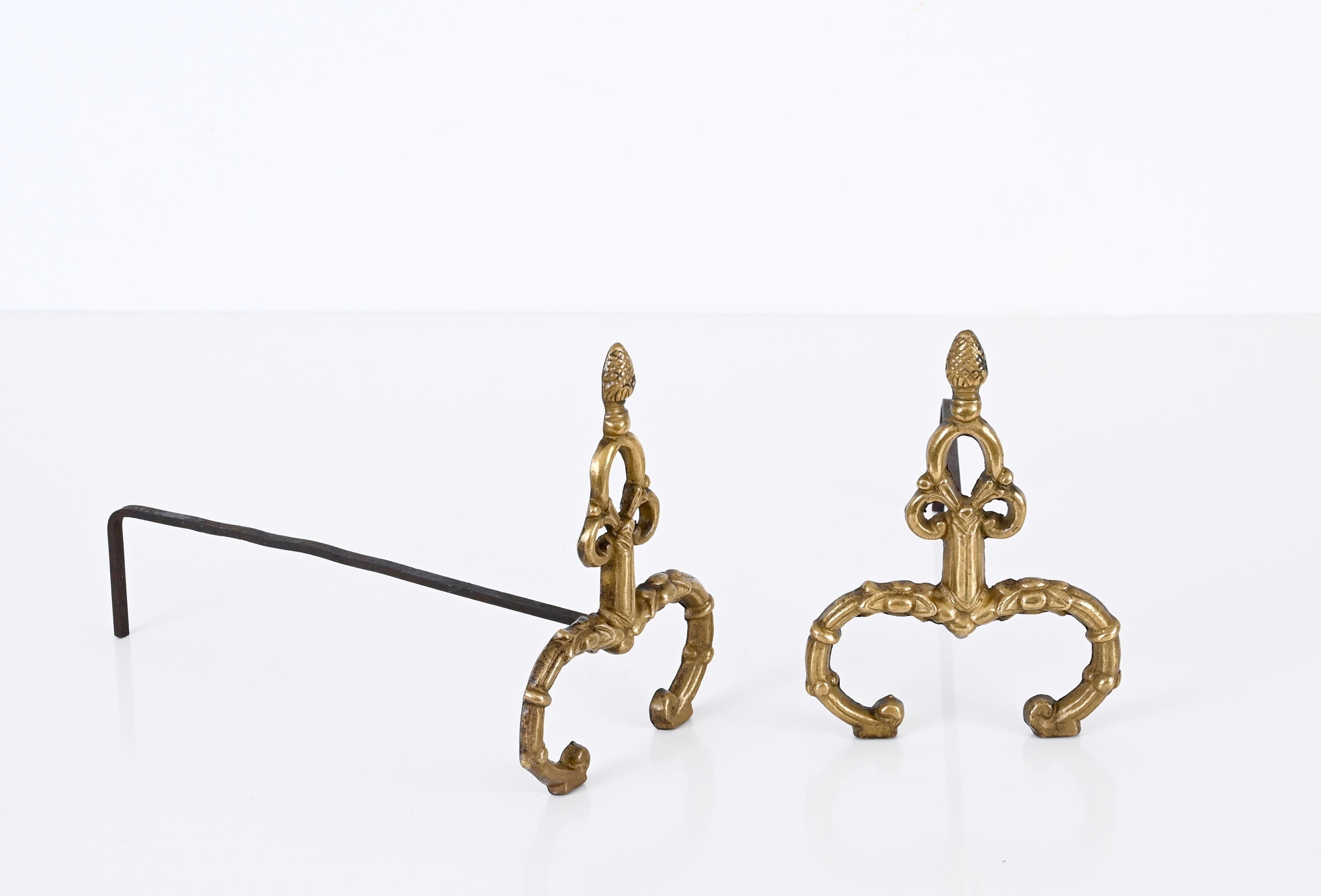 Pair of Italian Andirons in Gilt Bronze and Iron in Louis XV style, Italy 1940s For Sale 7