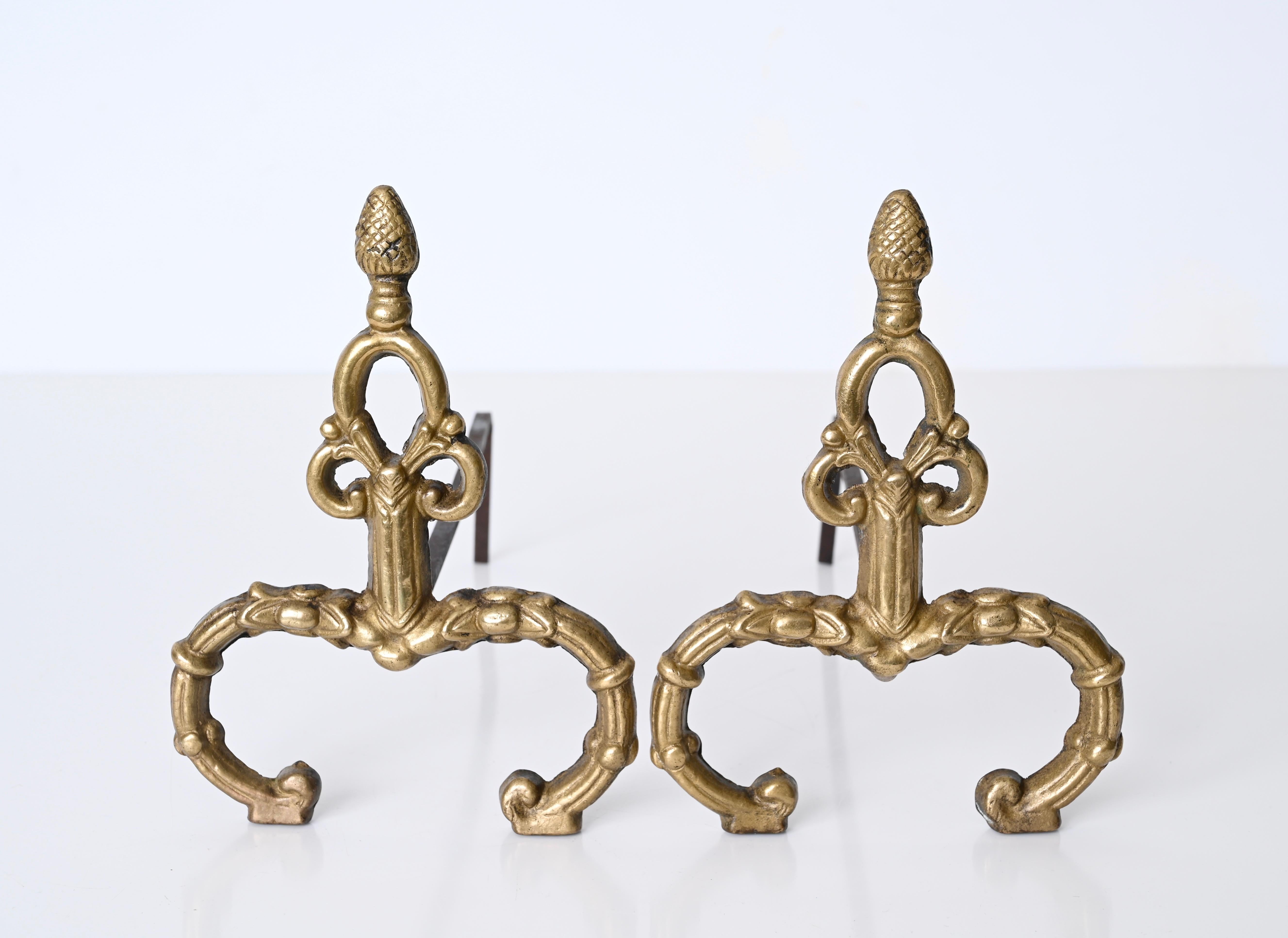 Pair of Italian Andirons in Gilt Bronze and Iron in Louis XV style, Italy 1940s For Sale 8