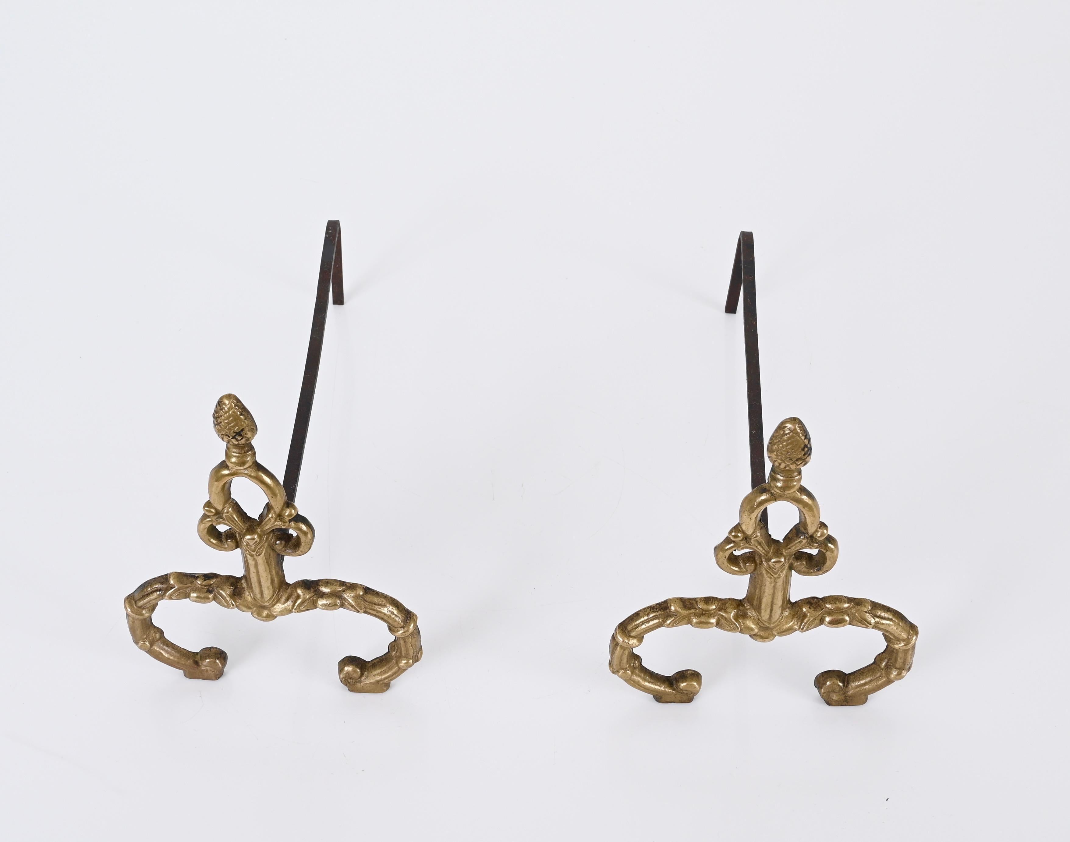 20th Century Pair of Italian Andirons in Gilt Bronze and Iron in Louis XV style, Italy 1940s For Sale