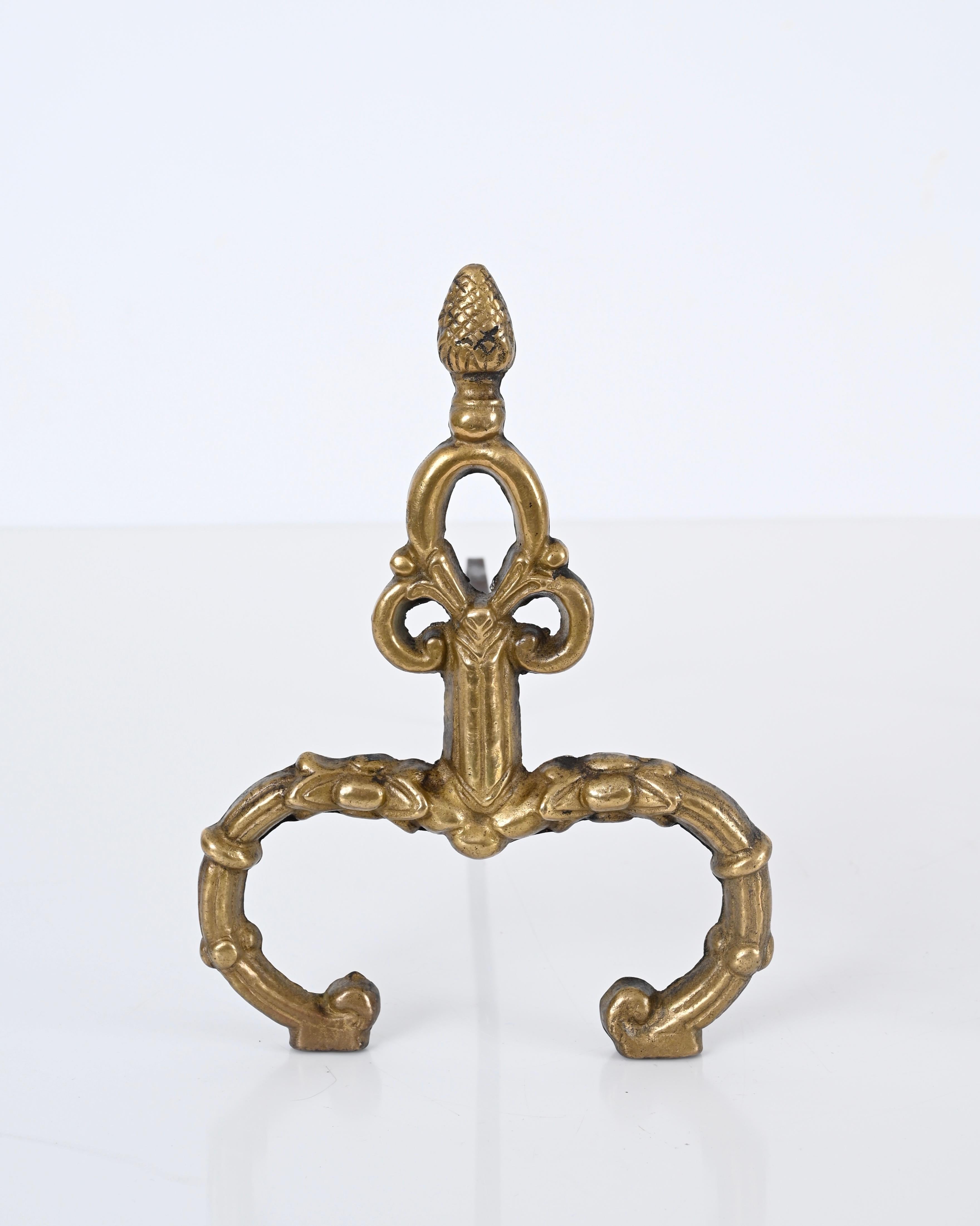Pair of Italian Andirons in Gilt Bronze and Iron in Louis XV style, Italy 1940s For Sale 1