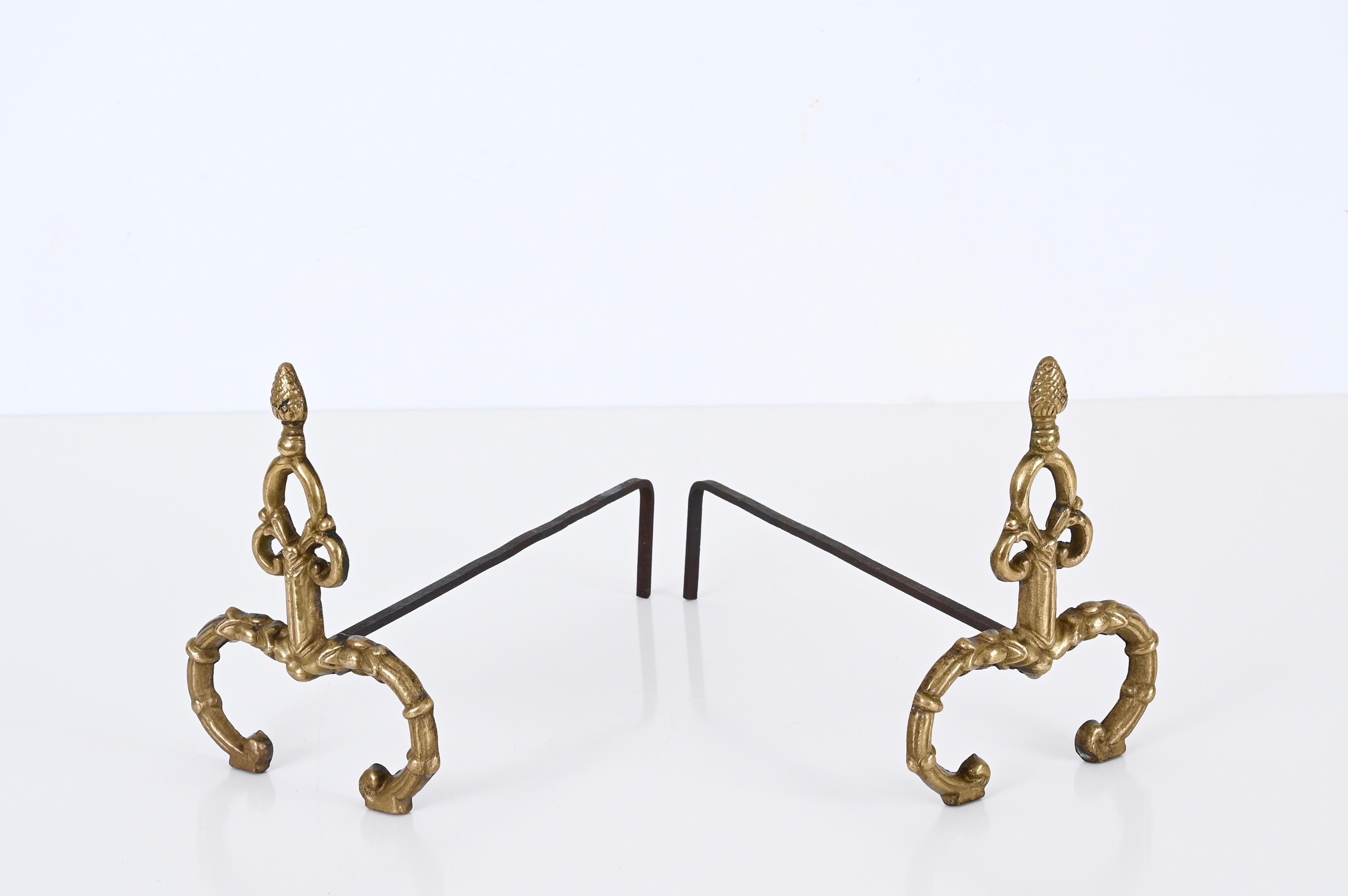 Pair of Italian Andirons in Gilt Bronze and Iron in Louis XV style, Italy 1940s For Sale 2