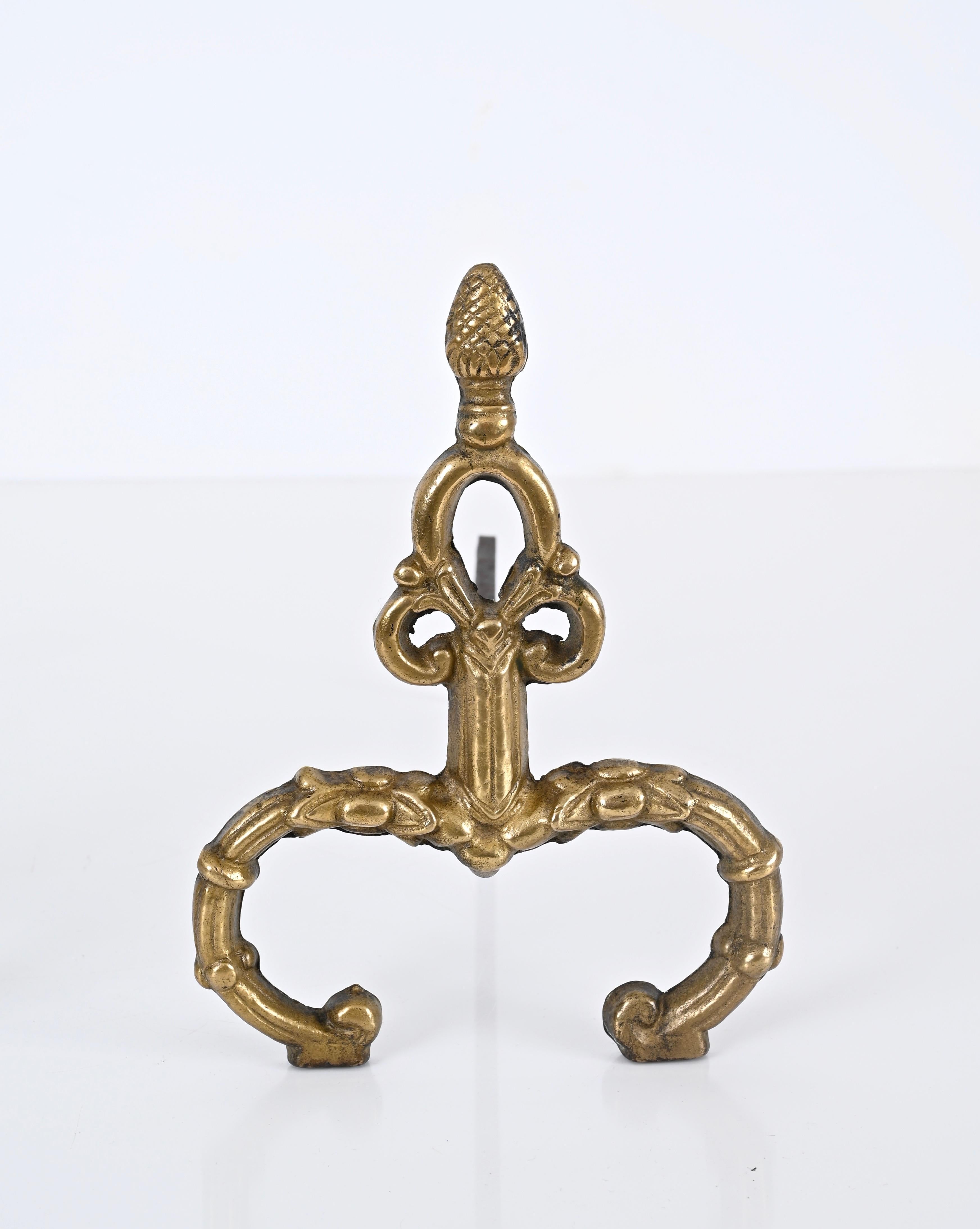 Pair of Italian Andirons in Gilt Bronze and Iron in Louis XV style, Italy 1940s For Sale 3