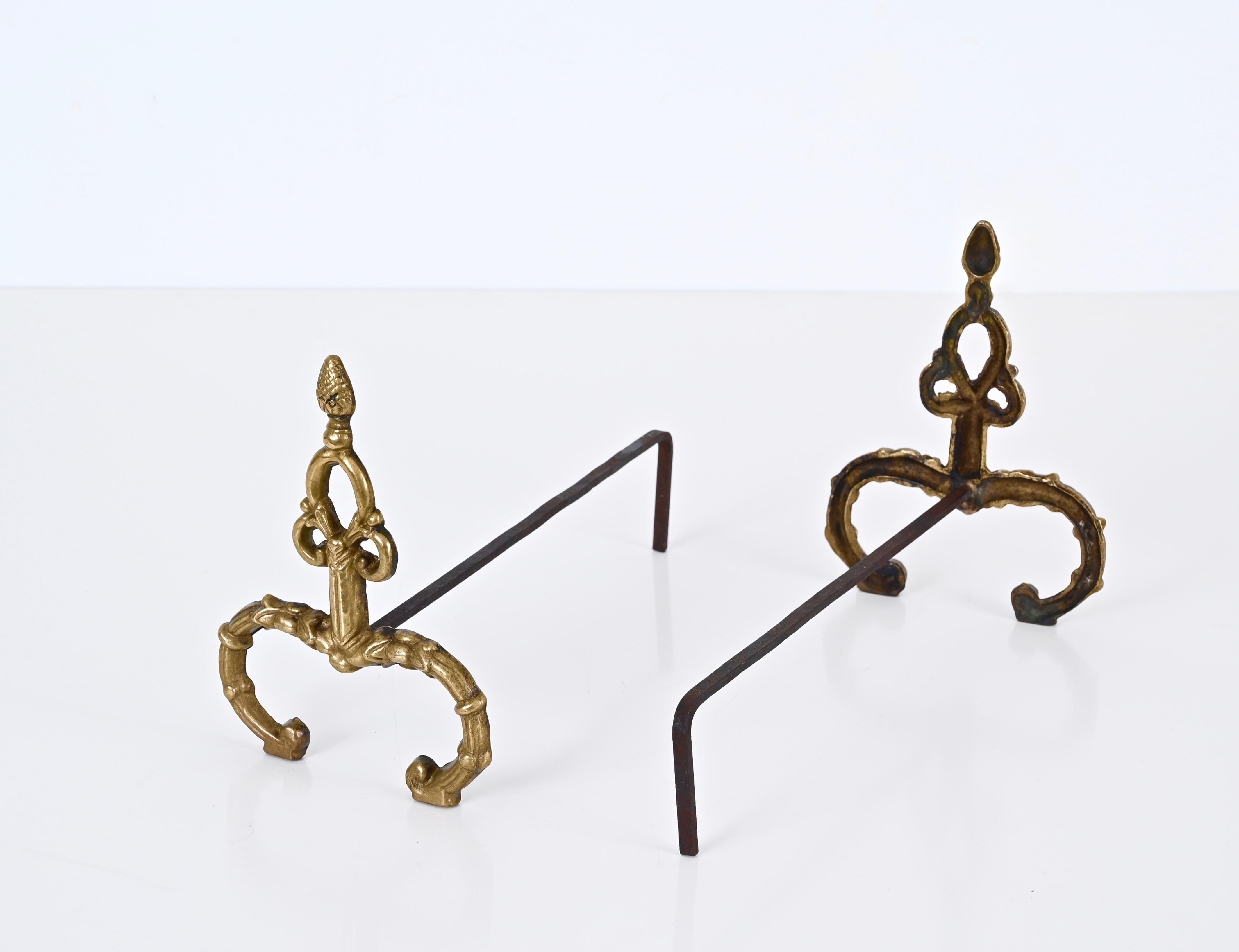 Pair of Italian Andirons in Gilt Bronze and Iron in Louis XV style, Italy 1940s For Sale 4