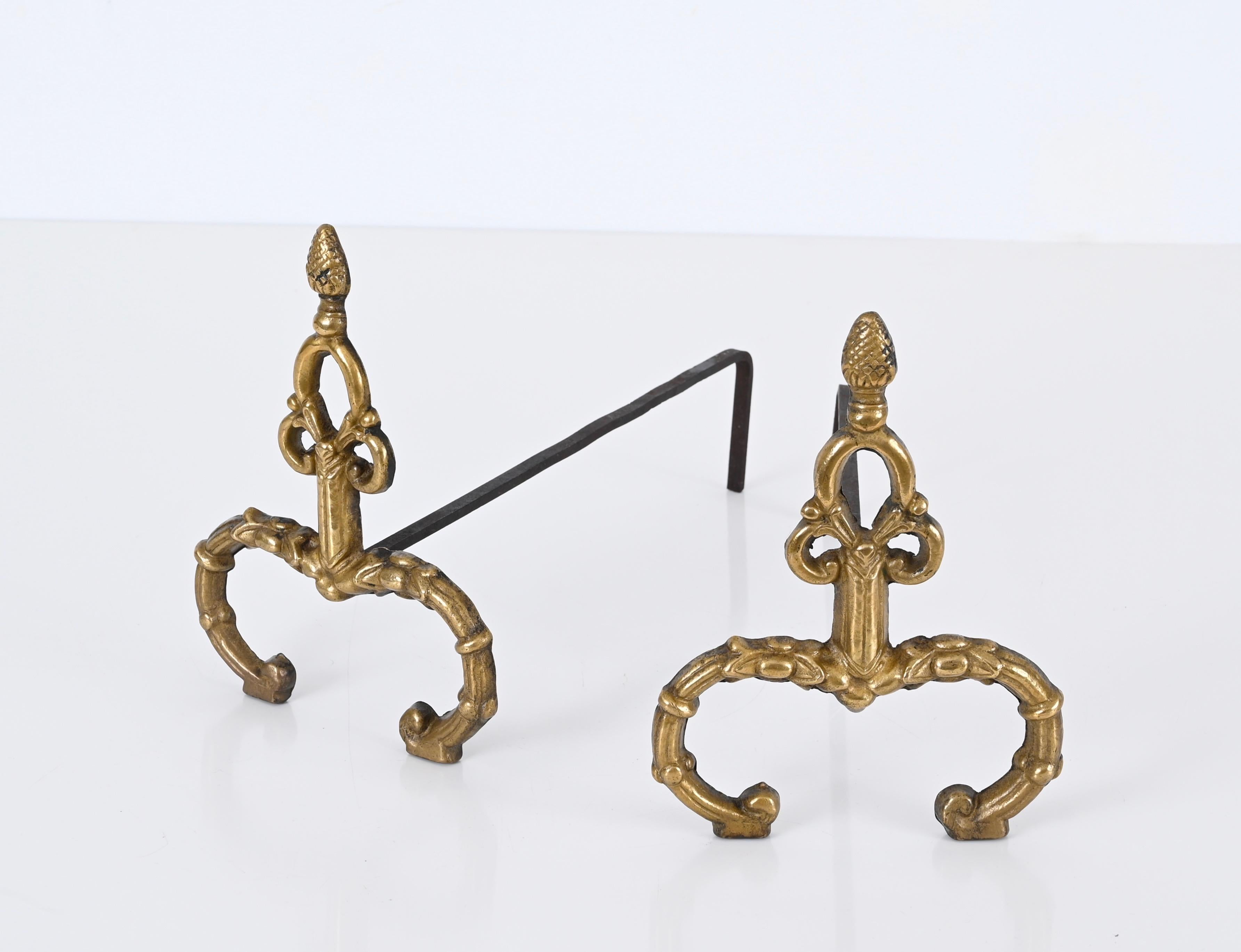 Pair of Italian Andirons in Gilt Bronze and Iron in Louis XV style, Italy 1940s For Sale 5