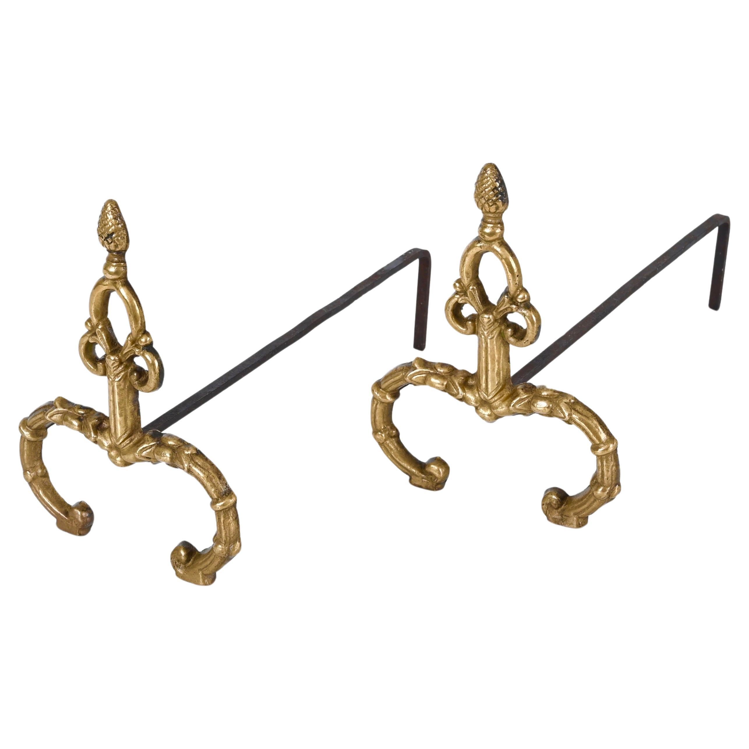 Pair of Italian Andirons in Gilt Bronze and Iron in Louis XV style, Italy 1940s For Sale