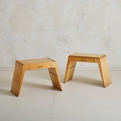 Pair of Italian Angular Wood Nightstands with Glass Shelves, 1950s