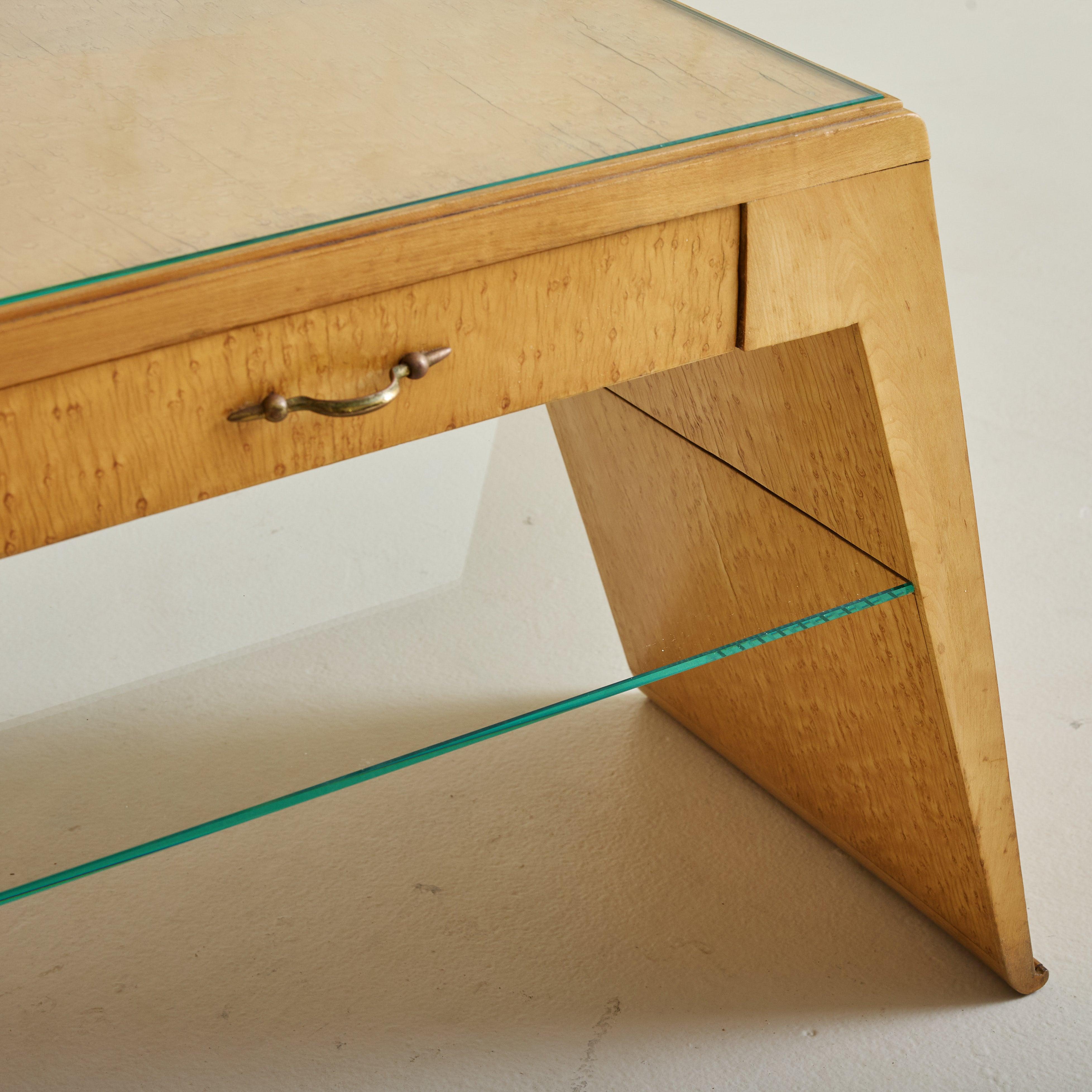 Mid-Century Modern Pair of Italian Angular Wood Nightstands with Glass Shelves, 1950s For Sale