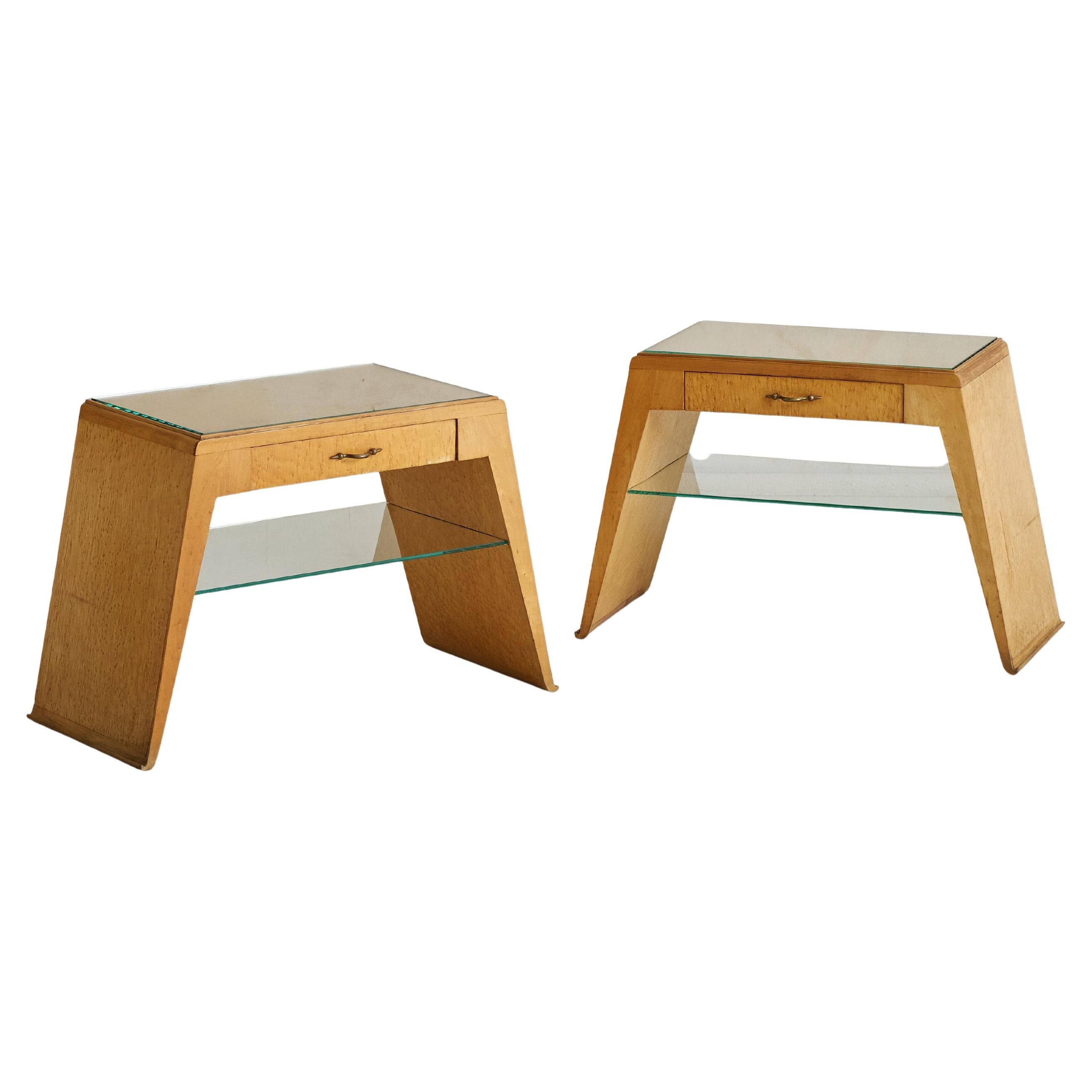 Pair of Italian Angular Wood Nightstands with Glass Shelves, 1950s For Sale