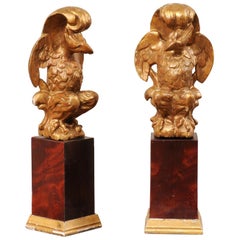 Pair of Italian Antique Aquilae 'Eagles' Carved and Gilt, on Wood Pedestals