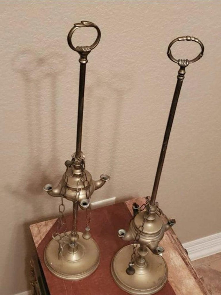 Pair of Italian Antique Brass Lucerna Four Spout Oil Lamps For Sale at 1stDibs