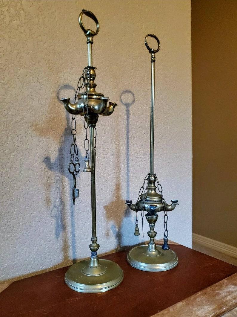 Pair of Italian Antique Brass Lucerna Four Spout Oil Lamps  In Good Condition For Sale In Forney, TX