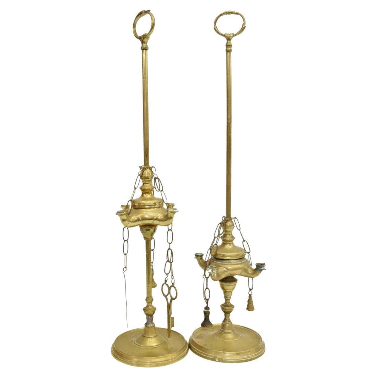 Pair of Italian Antique Brass Lucerna Four Spout Oil Lamps  For Sale