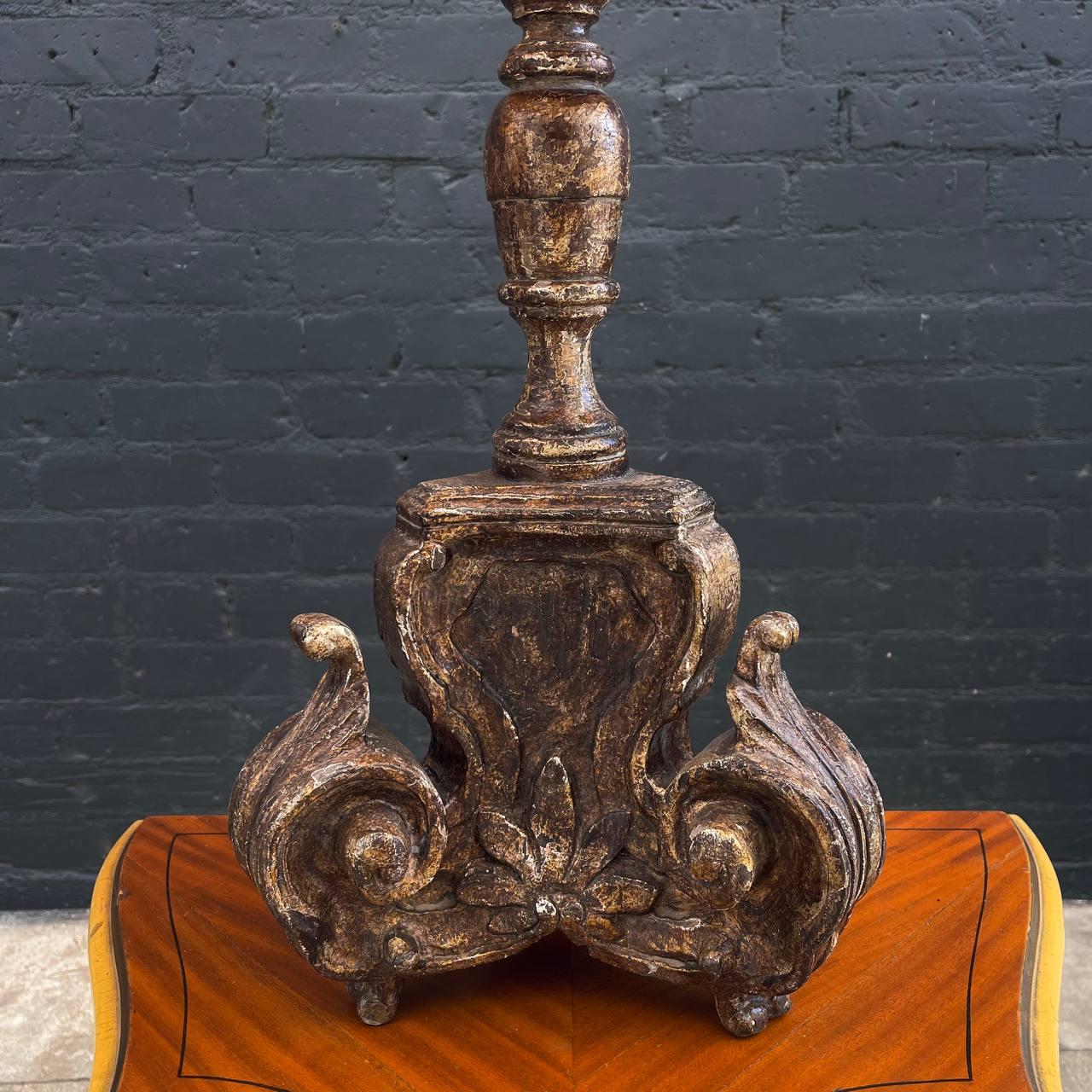 Pair of Italian Antique Candlestick Style Table Lamps with a Distressed Paint F For Sale 5