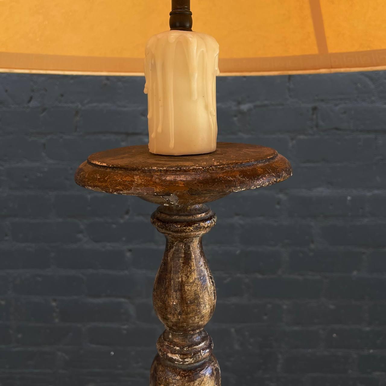 Pair of Italian Antique Candlestick Style Table Lamps with a Distressed Paint F For Sale 3