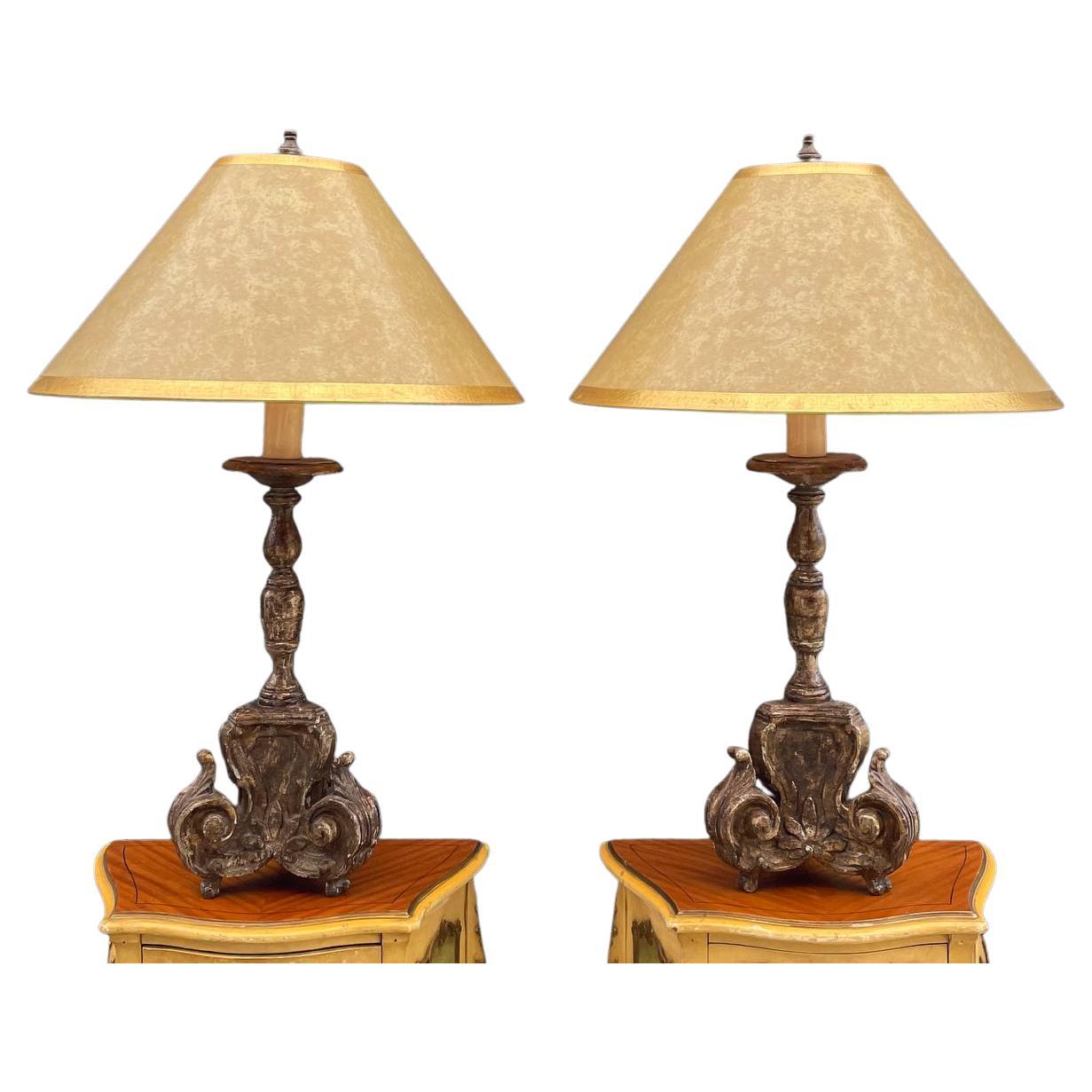 Pair of Italian Antique Candlestick Style Table Lamps with a Distressed Paint F For Sale