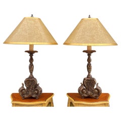 Pair of Italian Vintage Candlestick Style Table Lamps with a Distressed Paint F