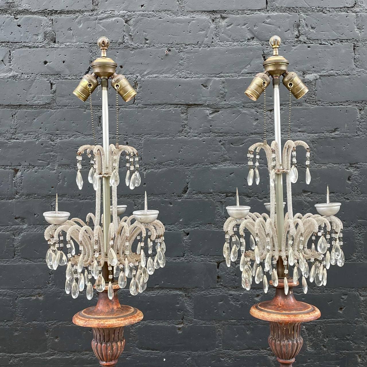 Rococo Pair of Italian Antique Carved Giltwood Beaded Candelabra Macaroni Lamps