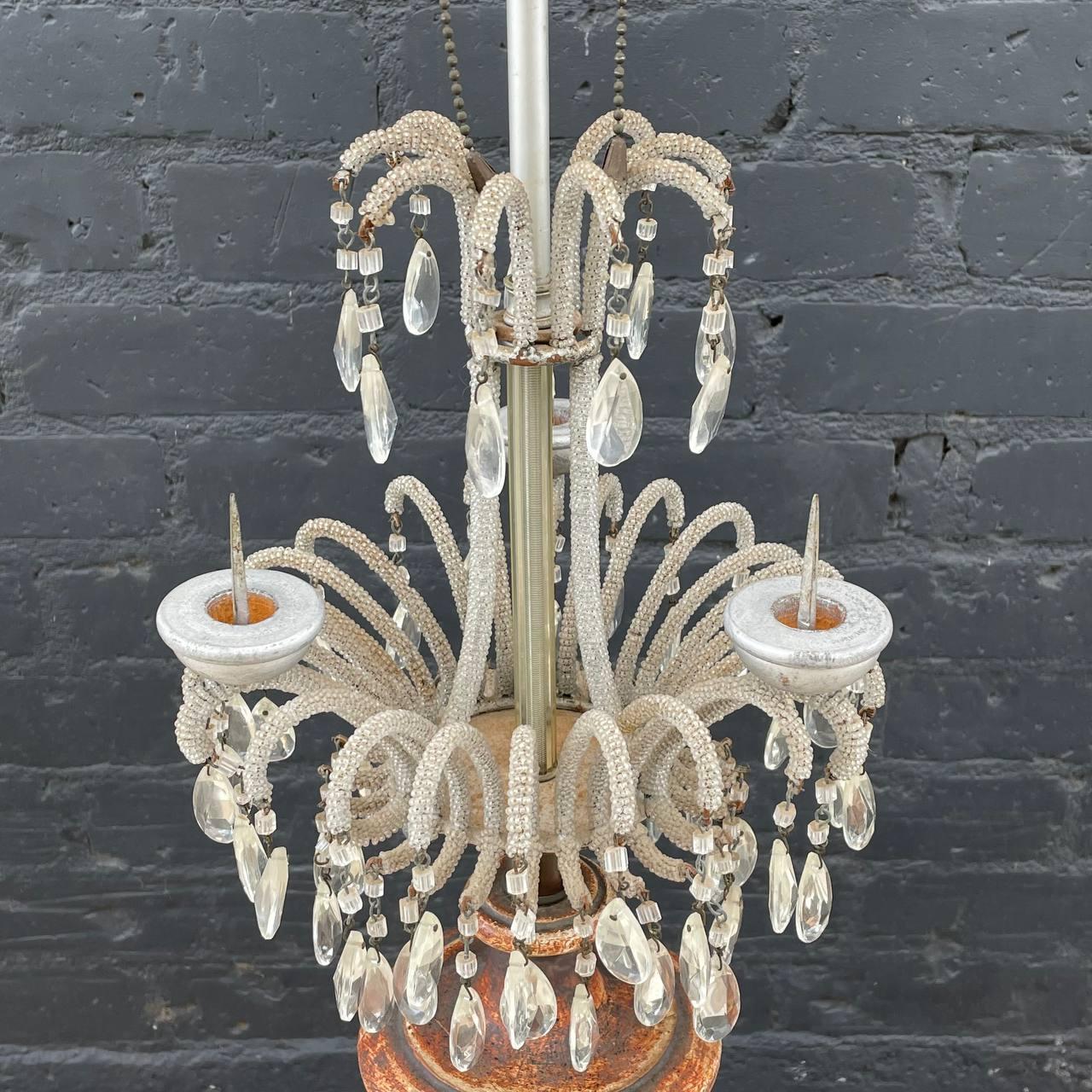 Mid-20th Century Pair of Italian Antique Carved Giltwood Beaded Candelabra Macaroni Lamps