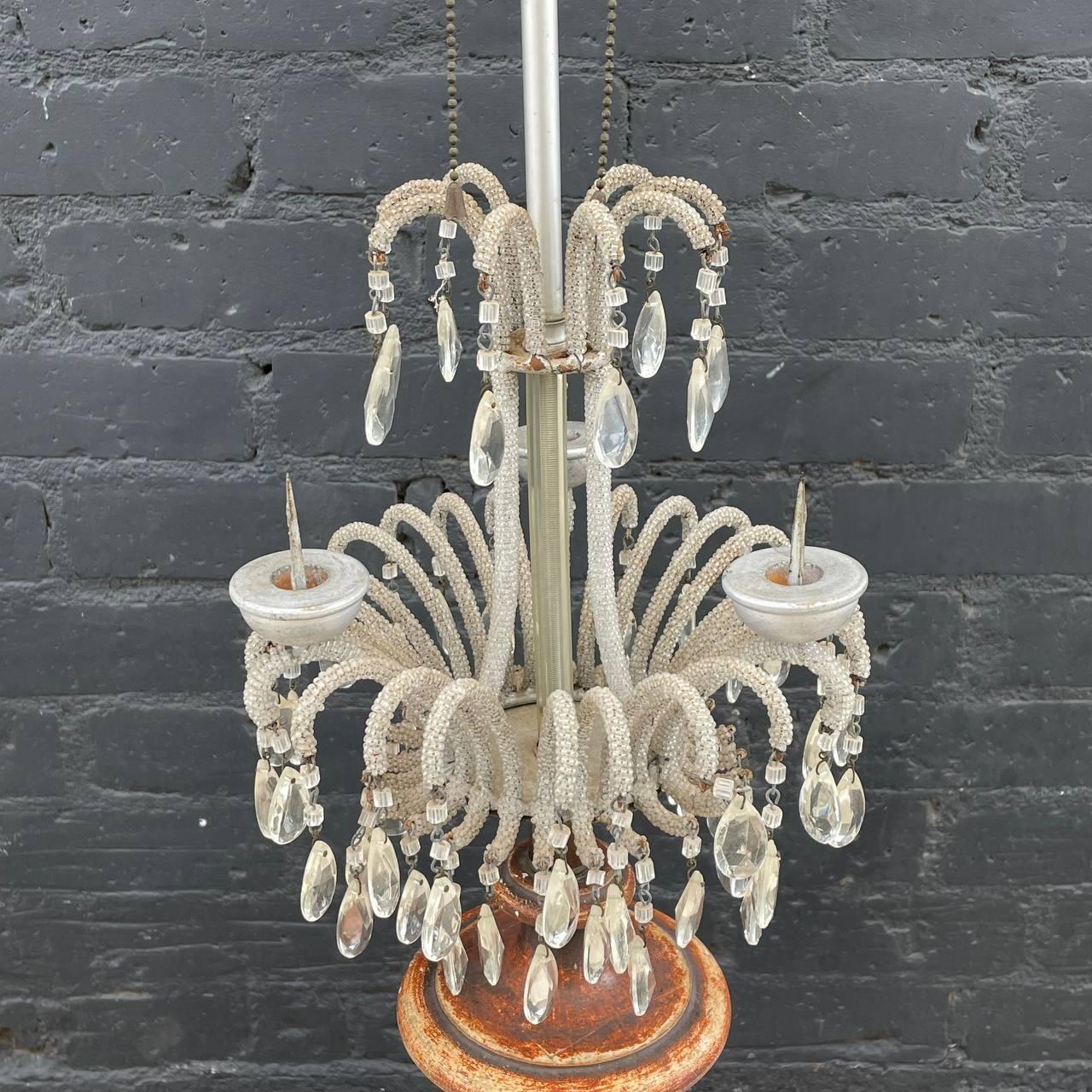 Crystal Pair of Italian Antique Carved Giltwood Beaded Candelabra Macaroni Lamps