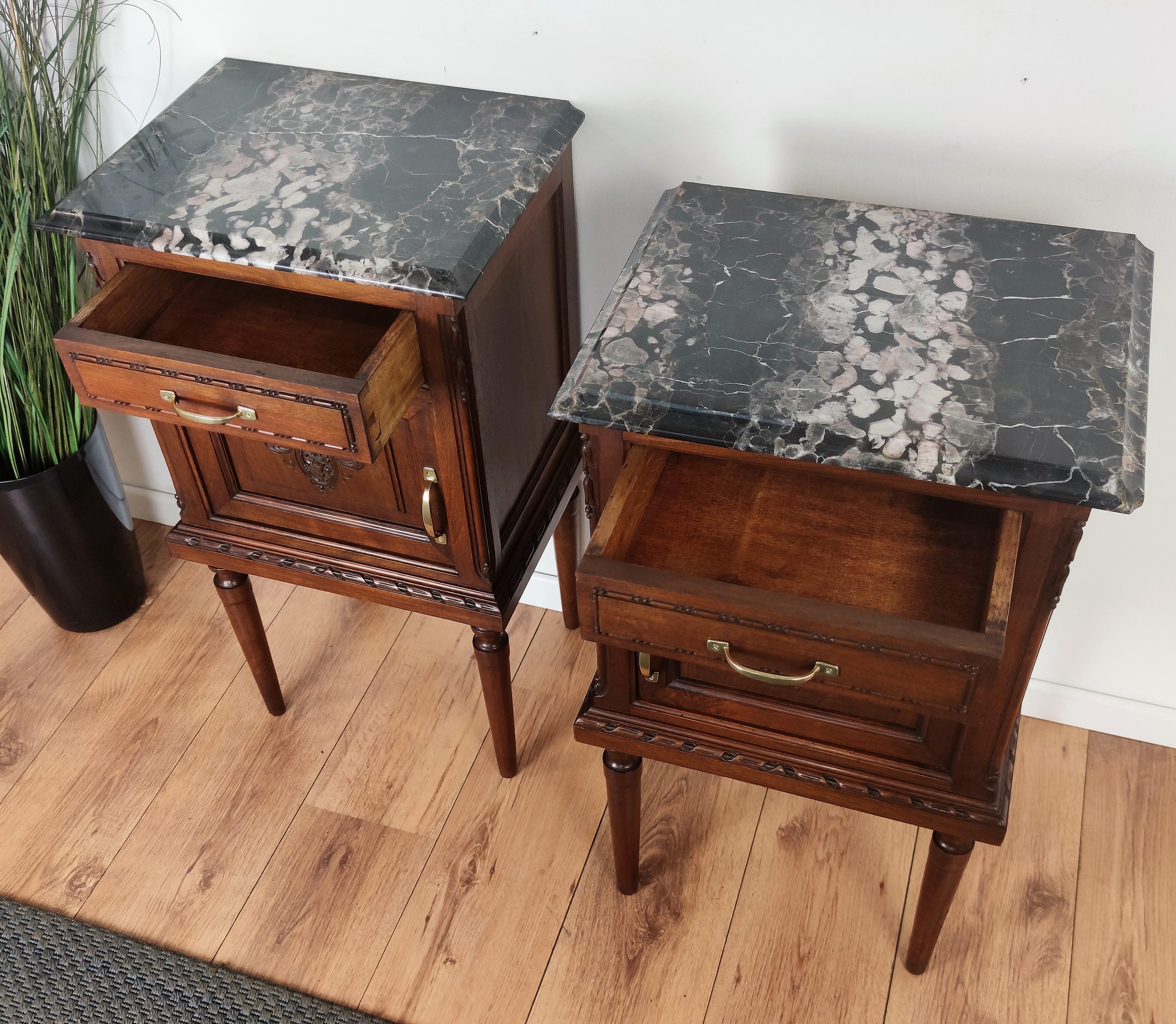 Mid-Century Modern Pair of Italian Antique Carved Walnut Black Marble Top Night Stands Bed Tables