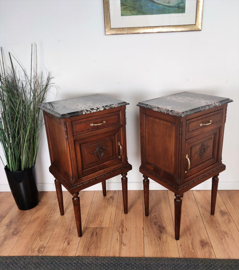Wood Pair of Italian Antique Carved Walnut Black Marble Top Night Stands Bed Tables For Sale