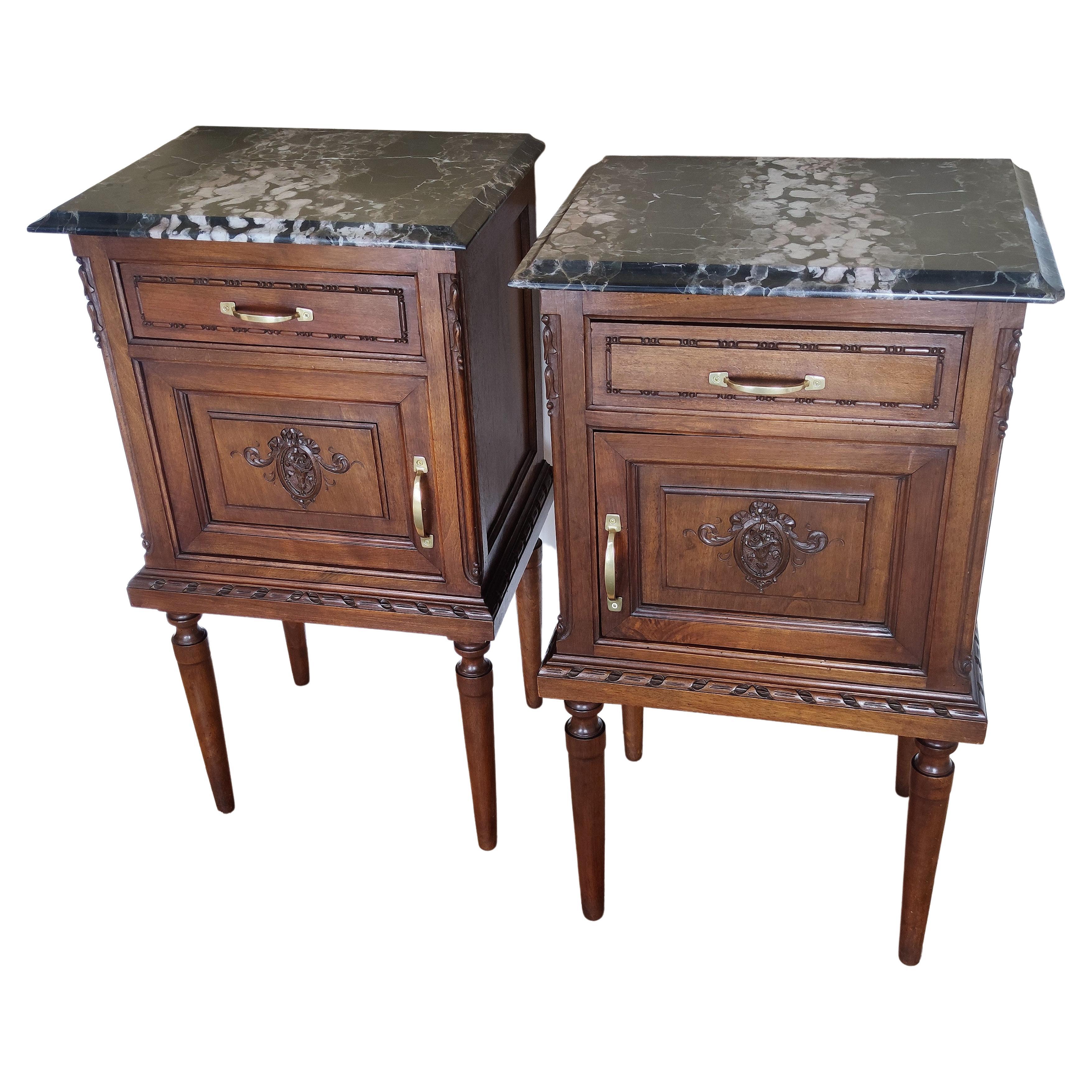 Pair of Italian Antique Carved Walnut Black Marble Top Night Stands Bed Tables