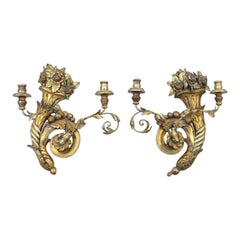 Pair of Italian Antique Gilded Wall Sconces, 19th Century