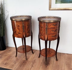 Pair of Italian Antique Marquetry Walnut Bedside Nightstands Tables with Drawers