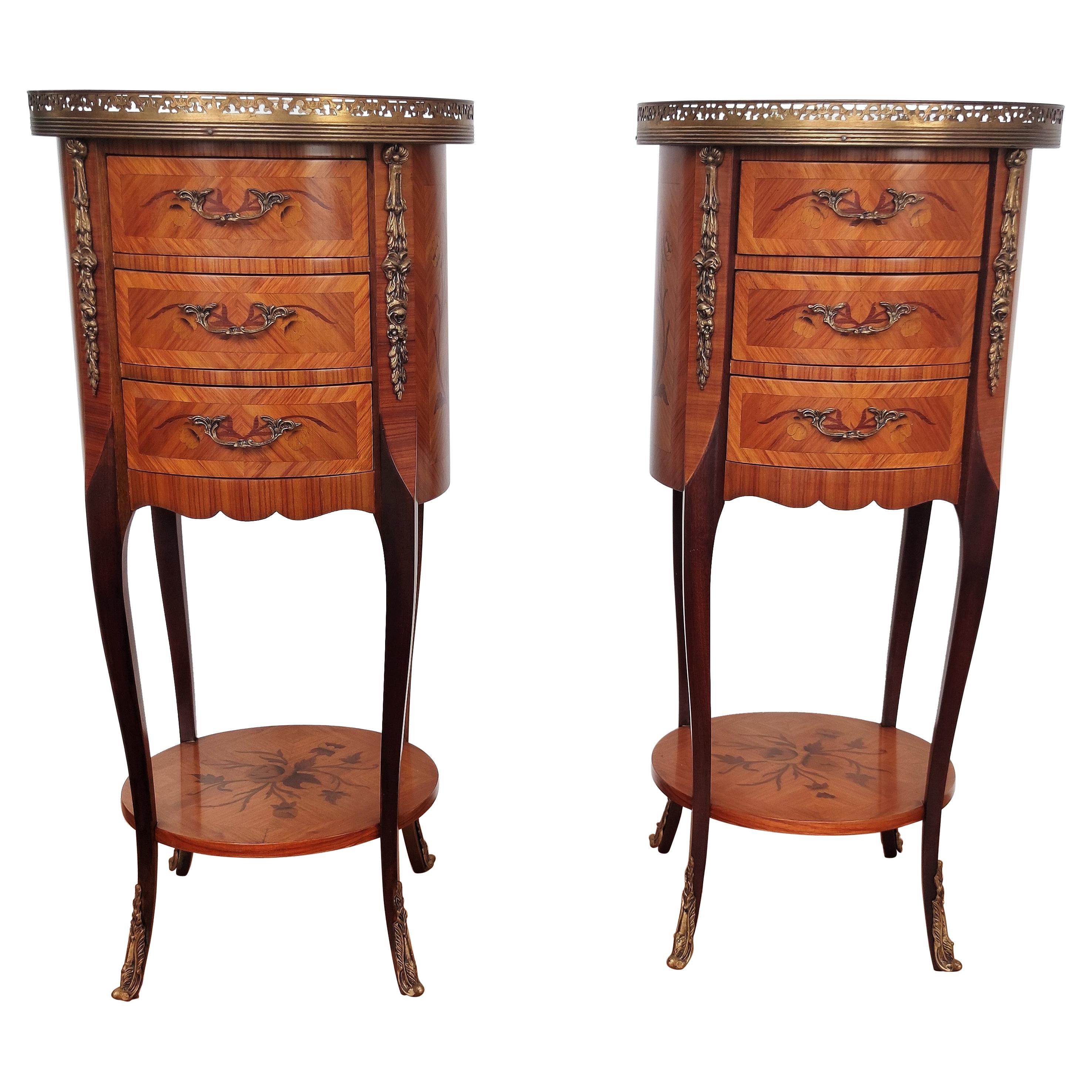 Pair of Italian Antique Marquetry Walnut Bedside Nightstands Tables