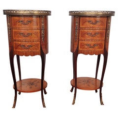Pair of Italian Antique Marquetry Walnut Bedside Nightstands Tables with Drawers