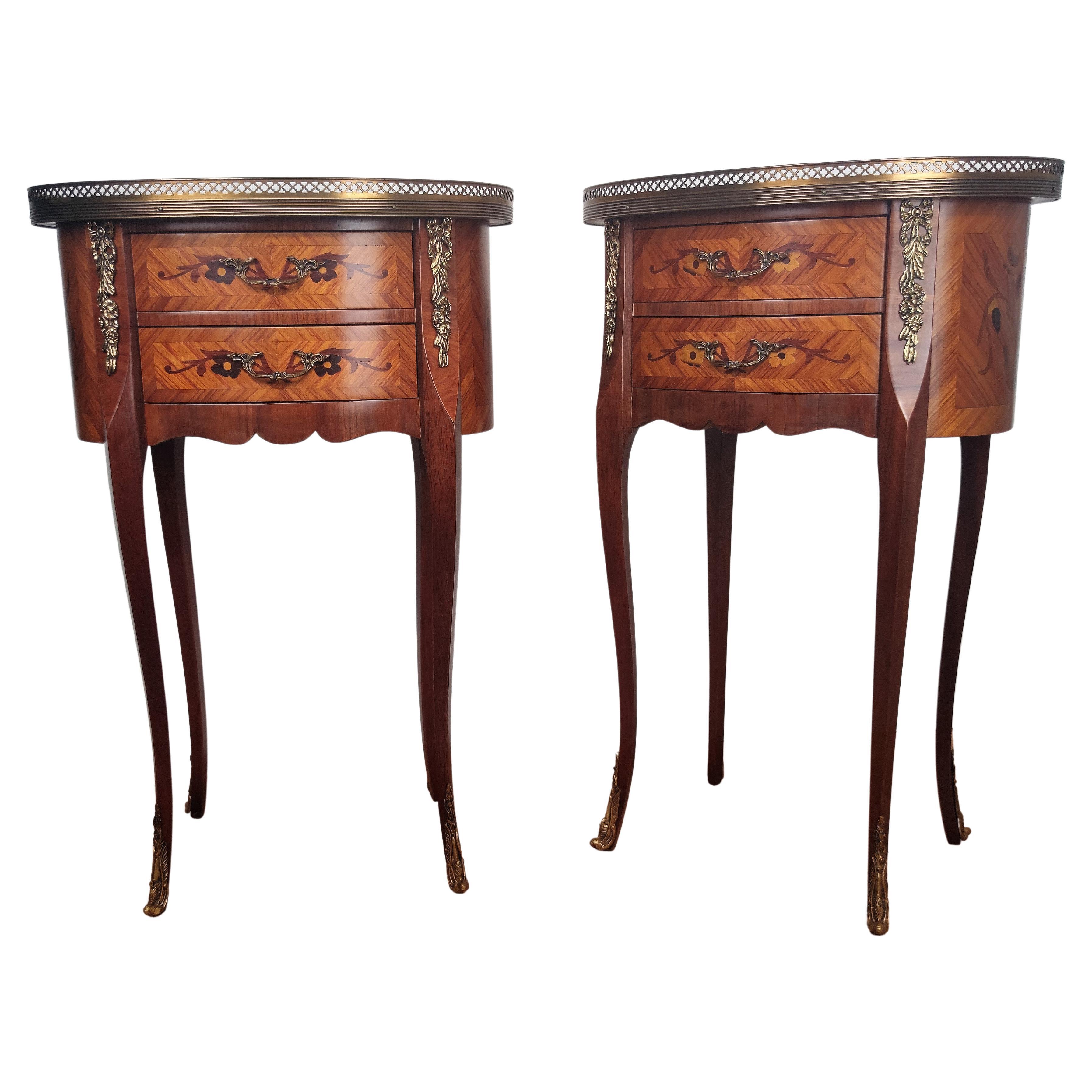 Pair of Italian Antique Marquetry Walnut Bedside Nightstands Tables with Drawers