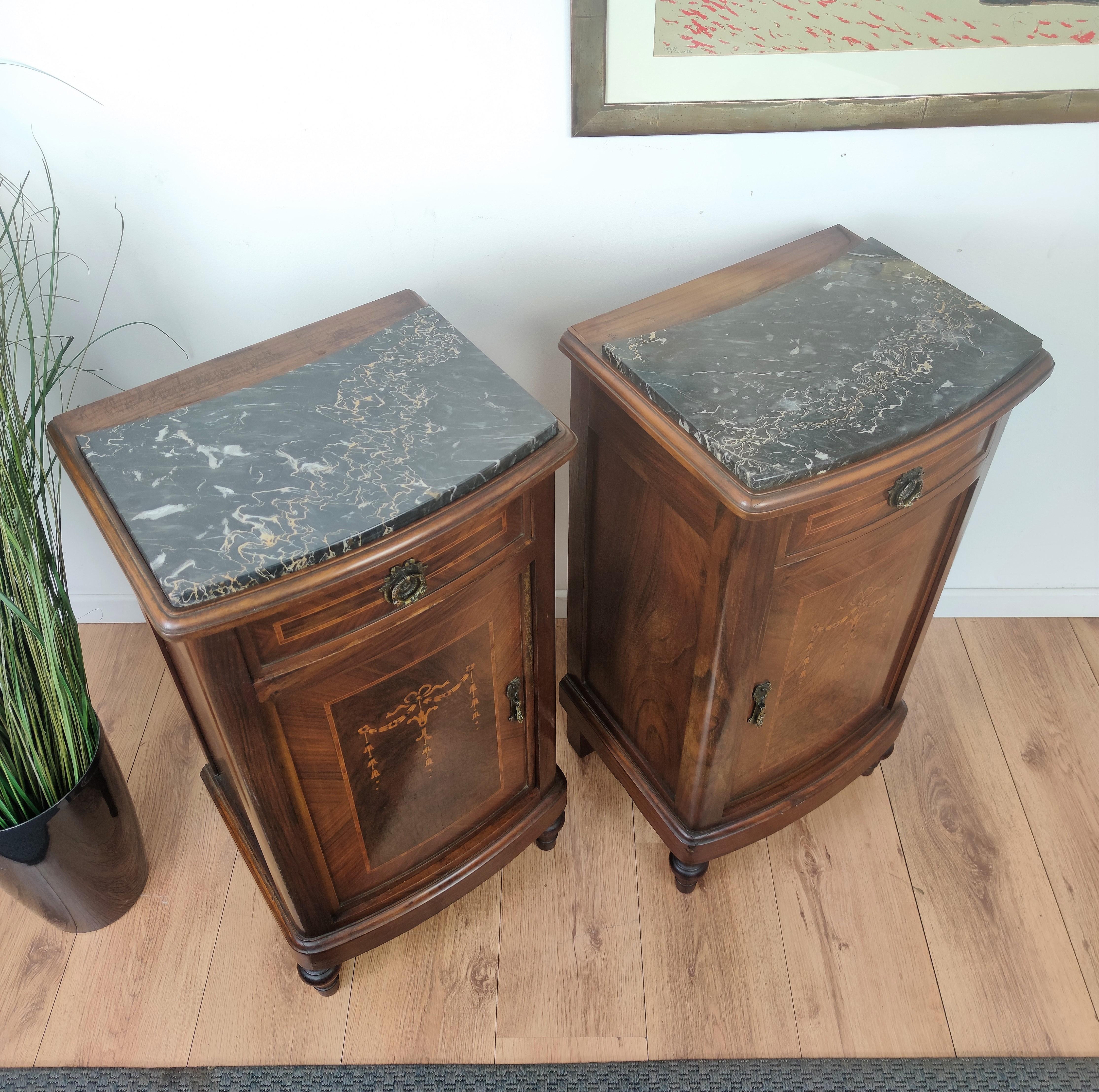 Pair of Italian Antique Marquetry Walnut Portoro Marble Night Stands Bed Tables In Good Condition In Carimate, Como