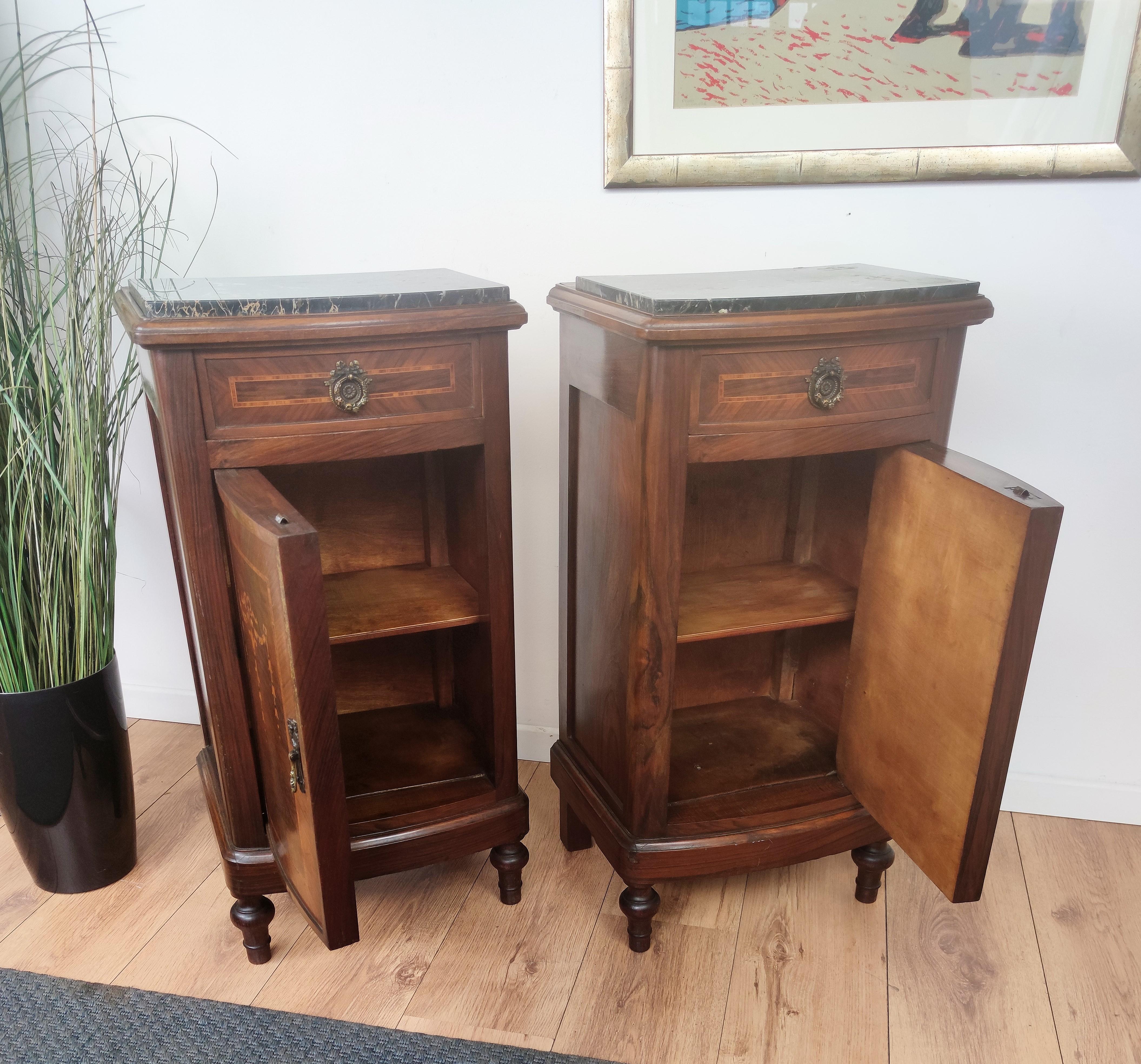 Pair of Italian Antique Marquetry Walnut Portoro Marble Night Stands Bed Tables 1