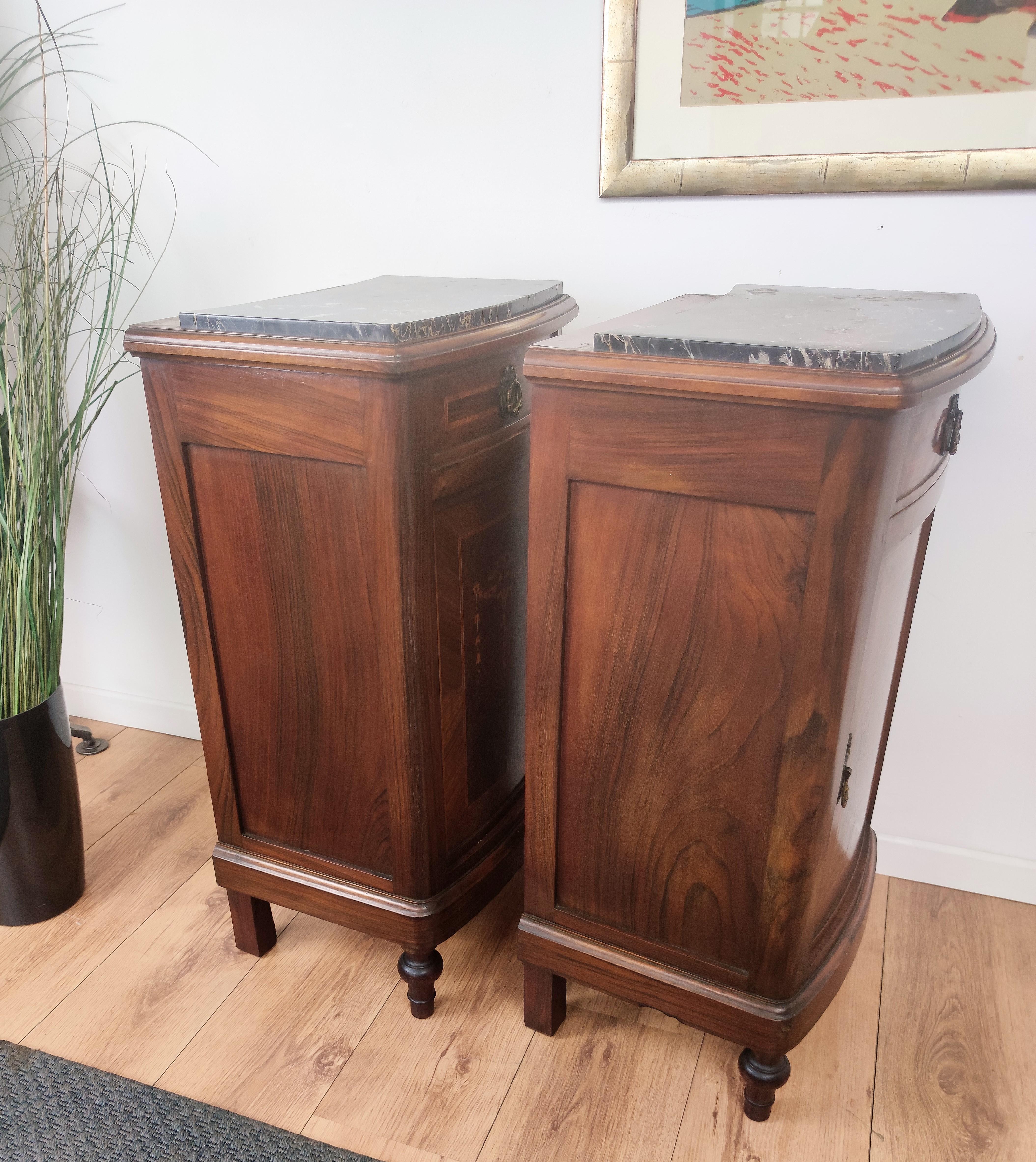 Pair of Italian Antique Marquetry Walnut Portoro Marble Night Stands Bed Tables 2