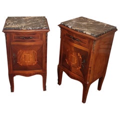 Pair of Italian Antique Marquetry Walnut Portoro Marble Night Stands Bed Tables