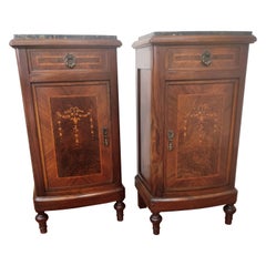Pair of Italian Antique Marquetry Walnut Portoro Marble Night Stands Bed Tables