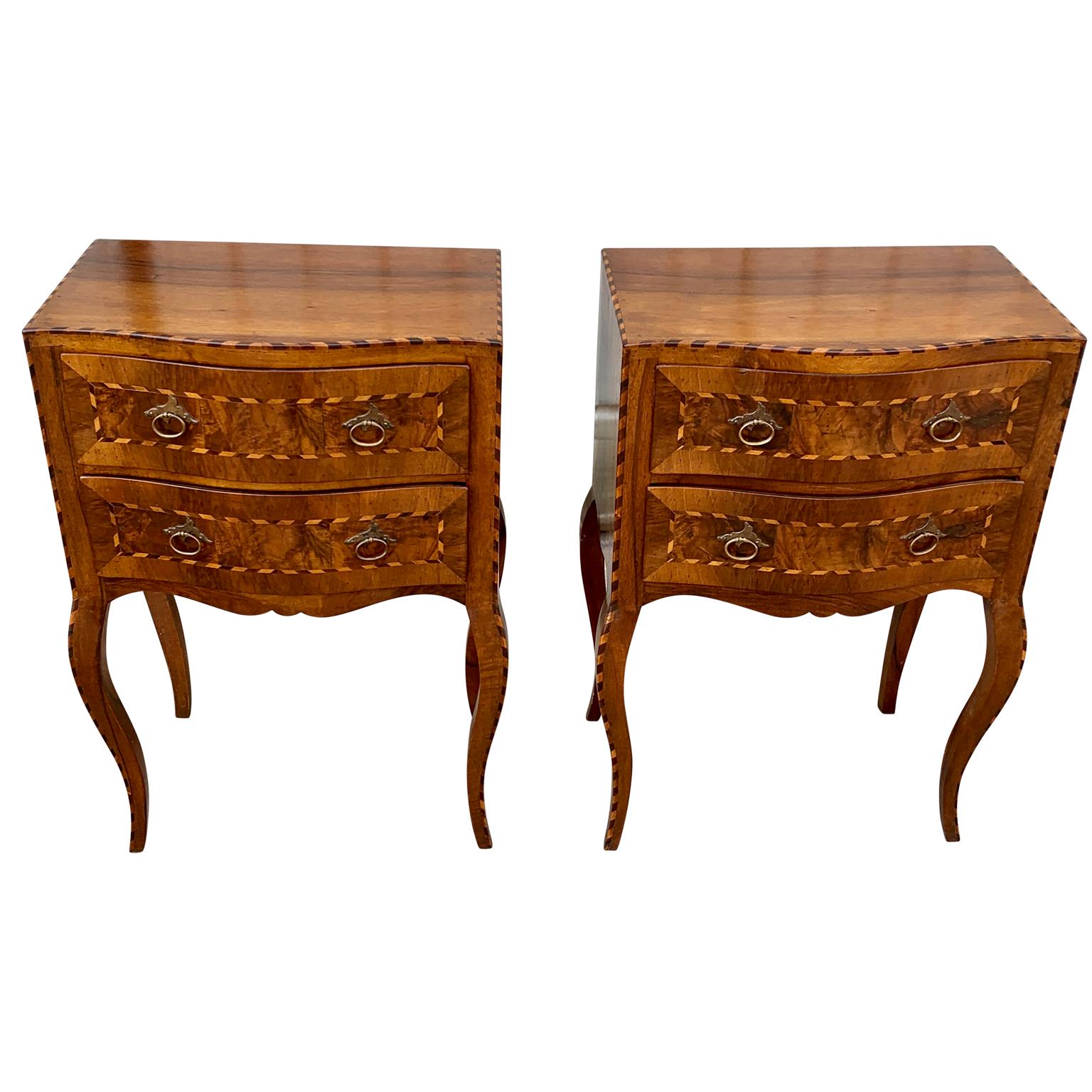 Pair of Italian Antique Nightstands in Walnut and Brass Hardware