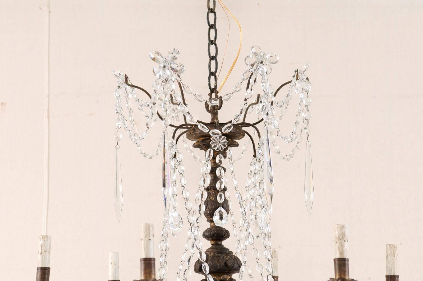 Beaded Pair of Italian Antique Six-Light Carved Wood and Crystal Chandeliers