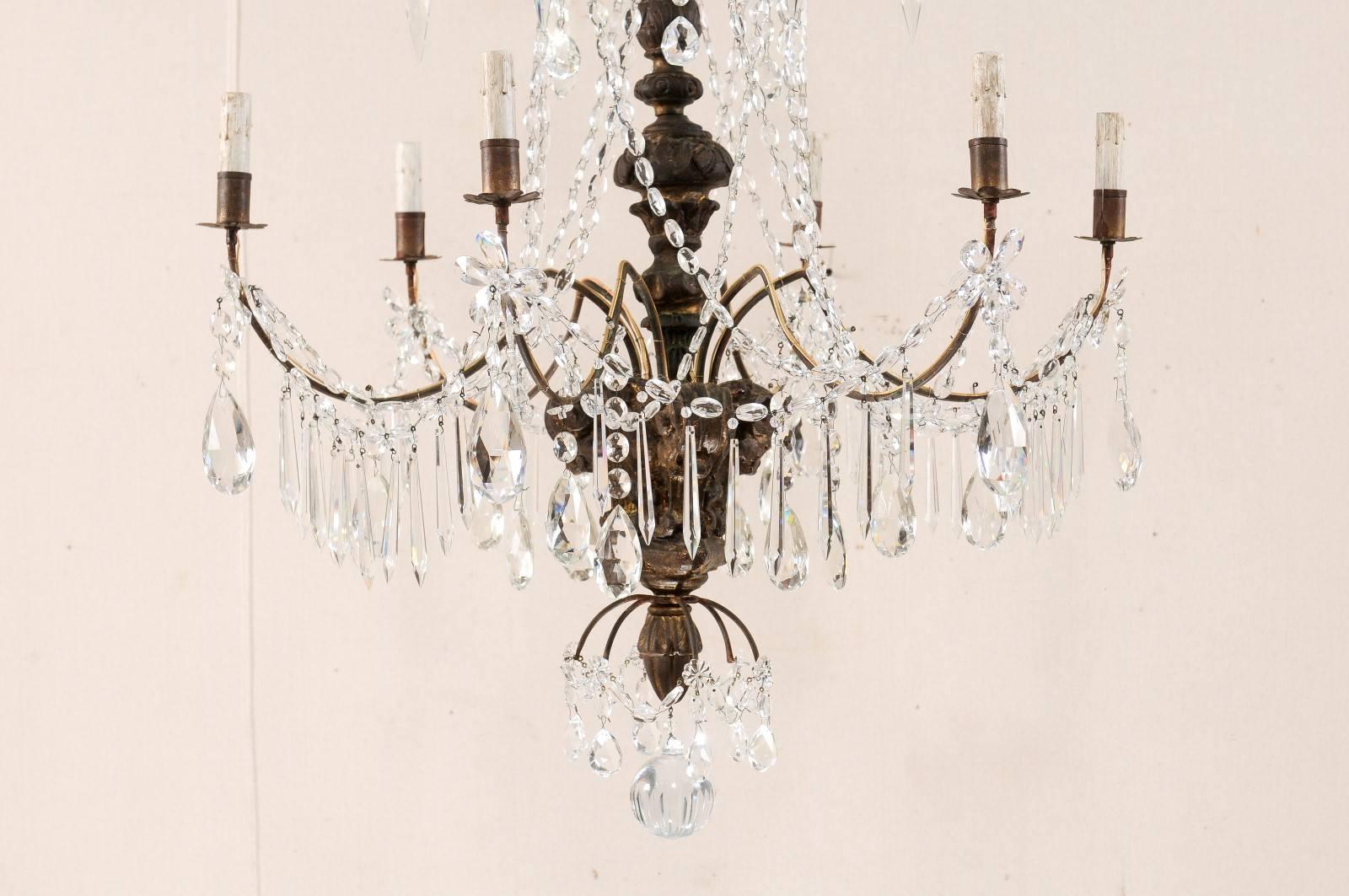 Pair of Italian Antique Six-Light Carved Wood and Crystal Chandeliers In Good Condition In Atlanta, GA