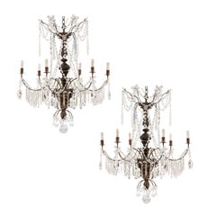 Pair of Italian Antique Six-Light Carved Wood and Crystal Chandeliers