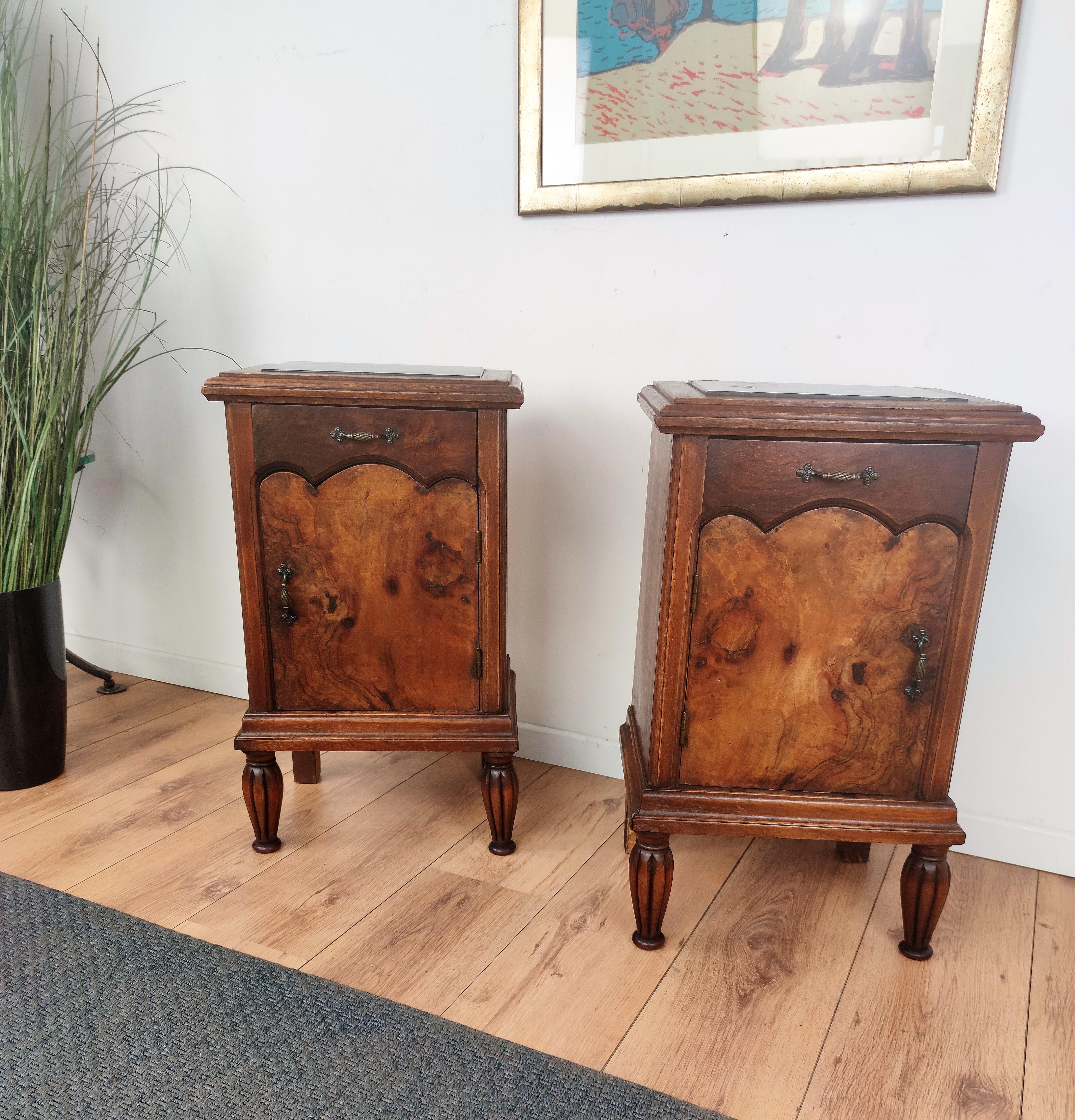 Mid-Century Modern Pair of Italian Antique Walnut Burl and Portoro Marble Night Stands Bed Tables